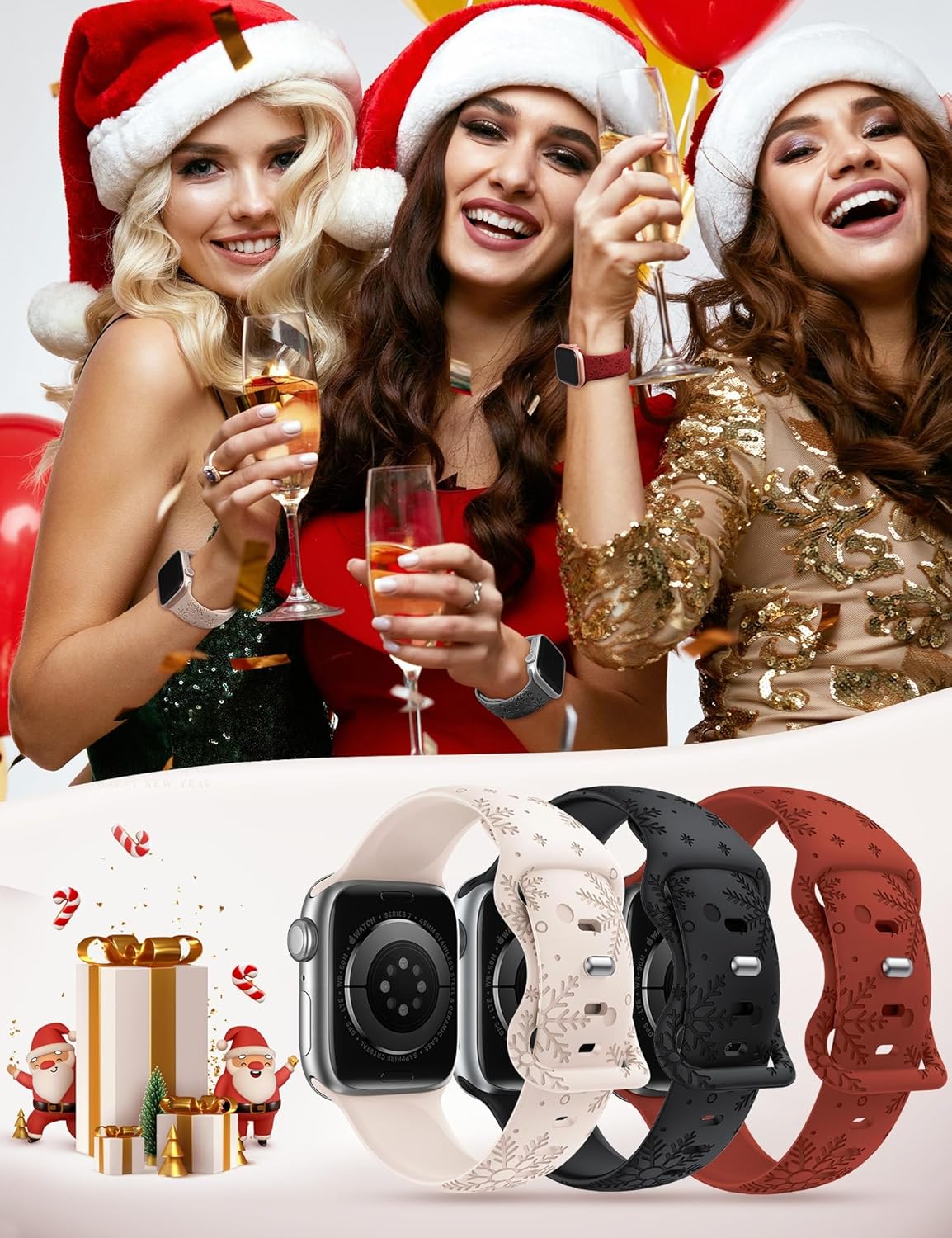 Wearlizer Paquete de 3 bandas grabadas con copos de nieve compatibles con Apple Watch Band de 41401.496 in 4544421.929 in para mujer, correa