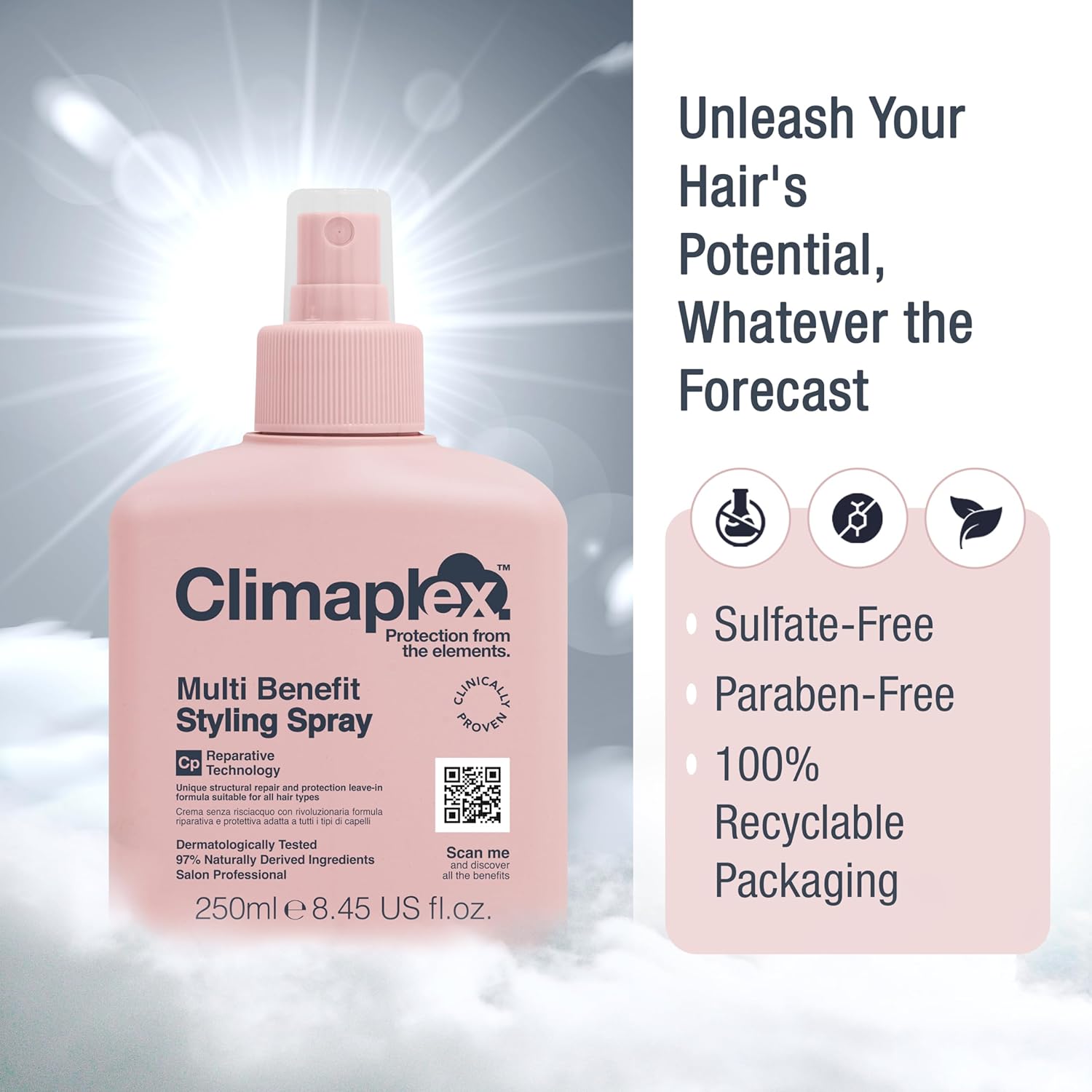 Climaplex Spray de peinado multibeneficio  Control de encrespamiento antihumedad  Ayuda a fortalecer y prevenir daños por calor  Contiene beneficios