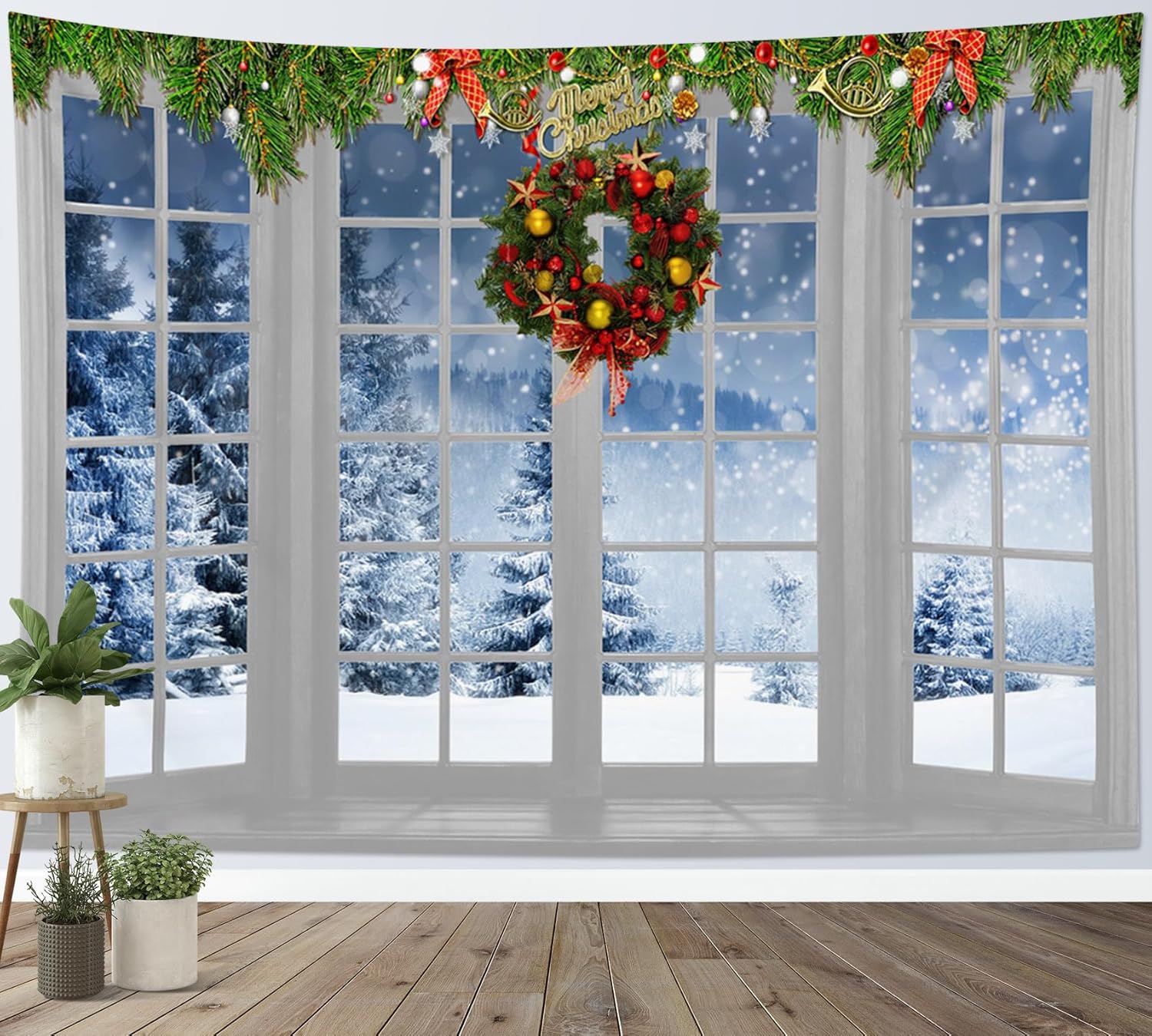 HVEST Tapiz navideño de invierno para colgar en la pared, bosque de pinos nevados con copo de nieve a través de ventana, tapiz de corona de Navidad