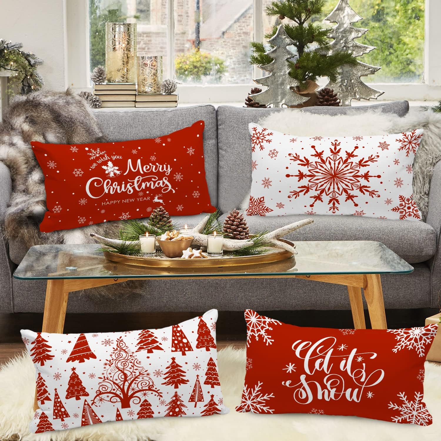 Lanpn Juego de 4 fundas de almohada lumbares de Navidad de 14 x 24 pulgadas, fundas decorativas de Navidad con copos de nieve de Navidad de 14 x 24
