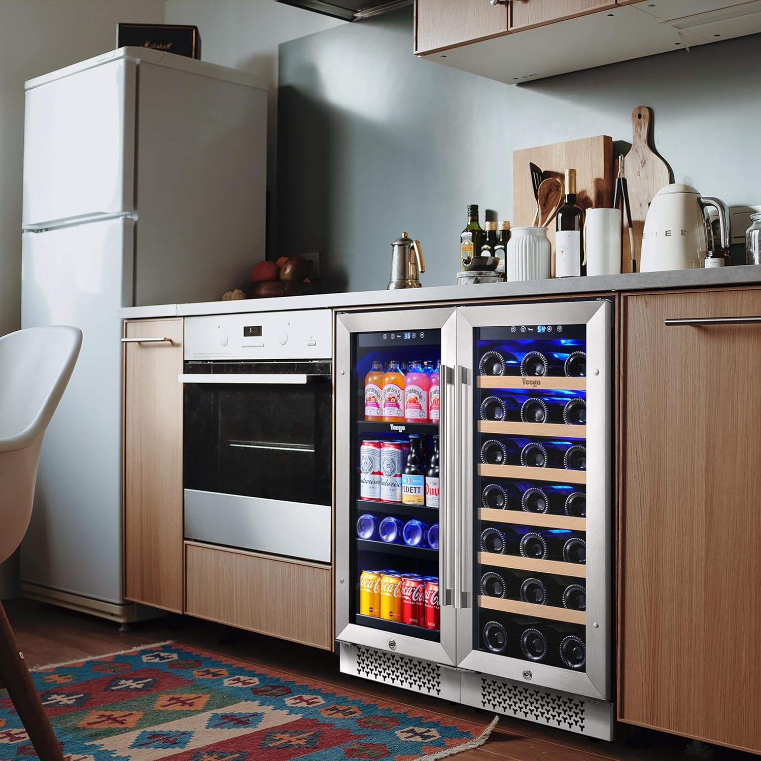 Refrigerador de vino y bebidas de 30 pulgadas y refrigerador de vino y cerveza, dos enfriadores de bebidas de vino de 15 pulgadas debajo del