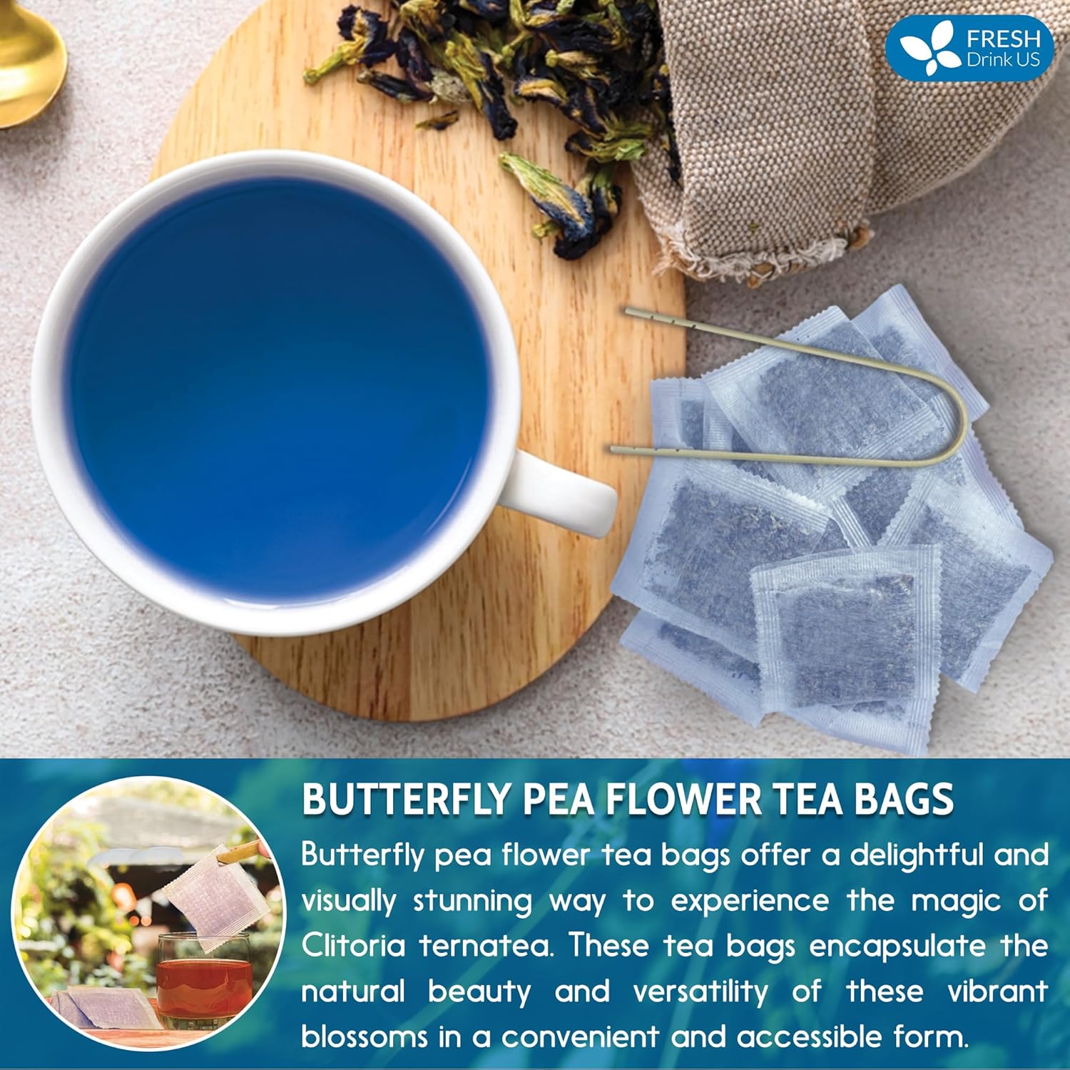 FreshDrinkUS, 55 bolsas de té de guisantes de mariposa, 100% natural y puro de flores de guisantes de mariposa, hechas a mano, hechas con materiales