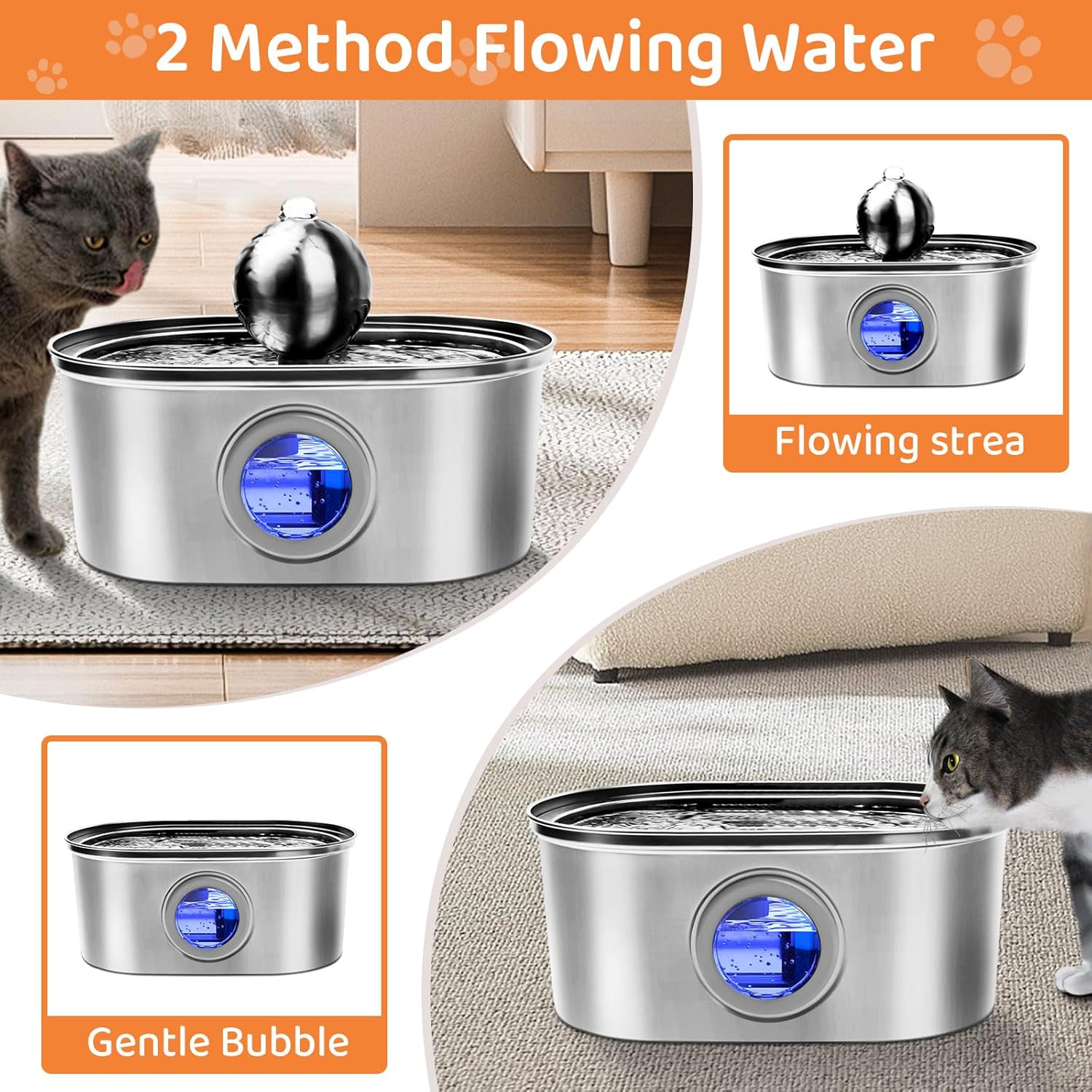 Fuente de agua de acero inoxidable para gatos en interiores, dispensador automático de agua para gatos de 108 oz3.2 L con ventana de nivel de agua,