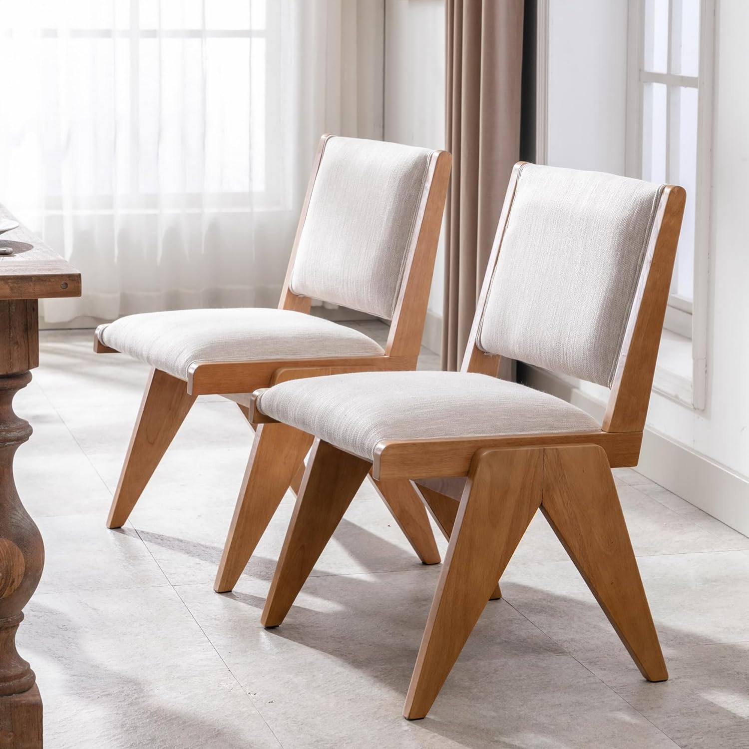 BESTANO Juego de 2 sillas de comedor tapizadas de lino con patas de madera, modernas sillas de comedor acolchadas de mediados de siglo para cocina
