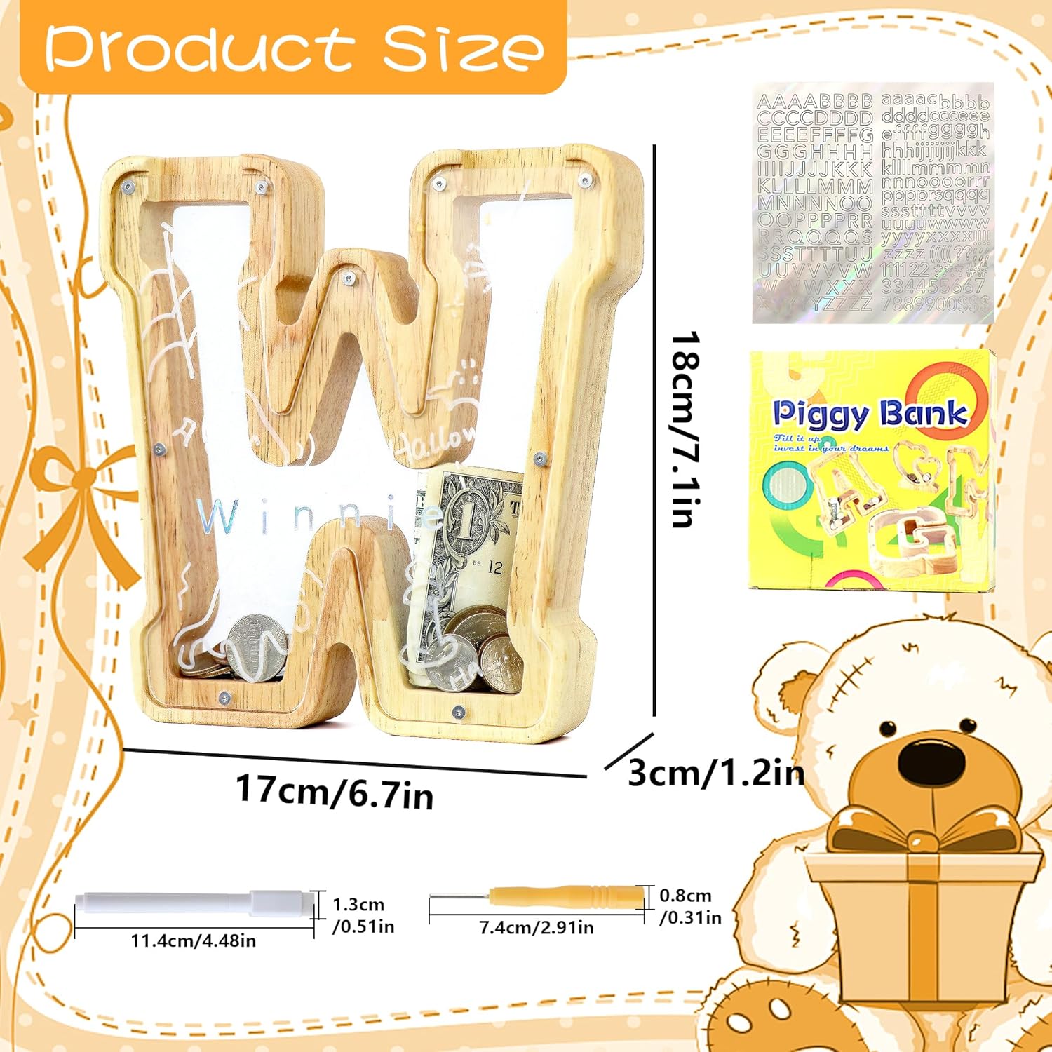 Alcancía con letras para niños y niñas, de madera personalizada de la A a la Z, banco de billetes del alfabeto transparente, para decoración de