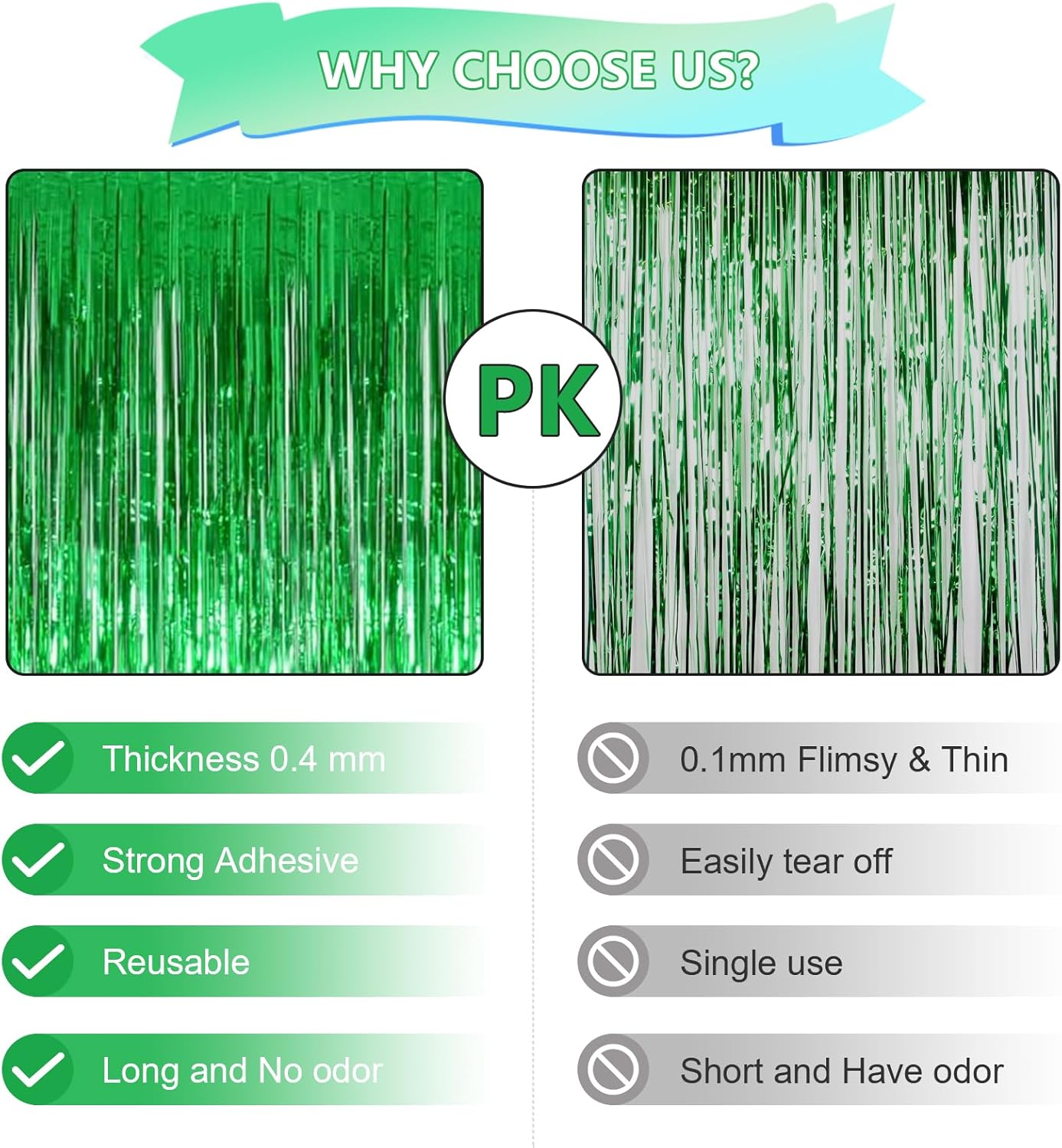 Decoración de fondo verde para fiestas, paquete de 3, 8 x 3.2 pies, decoración de cortina de flecos de papel de aluminio verde, perfecta para