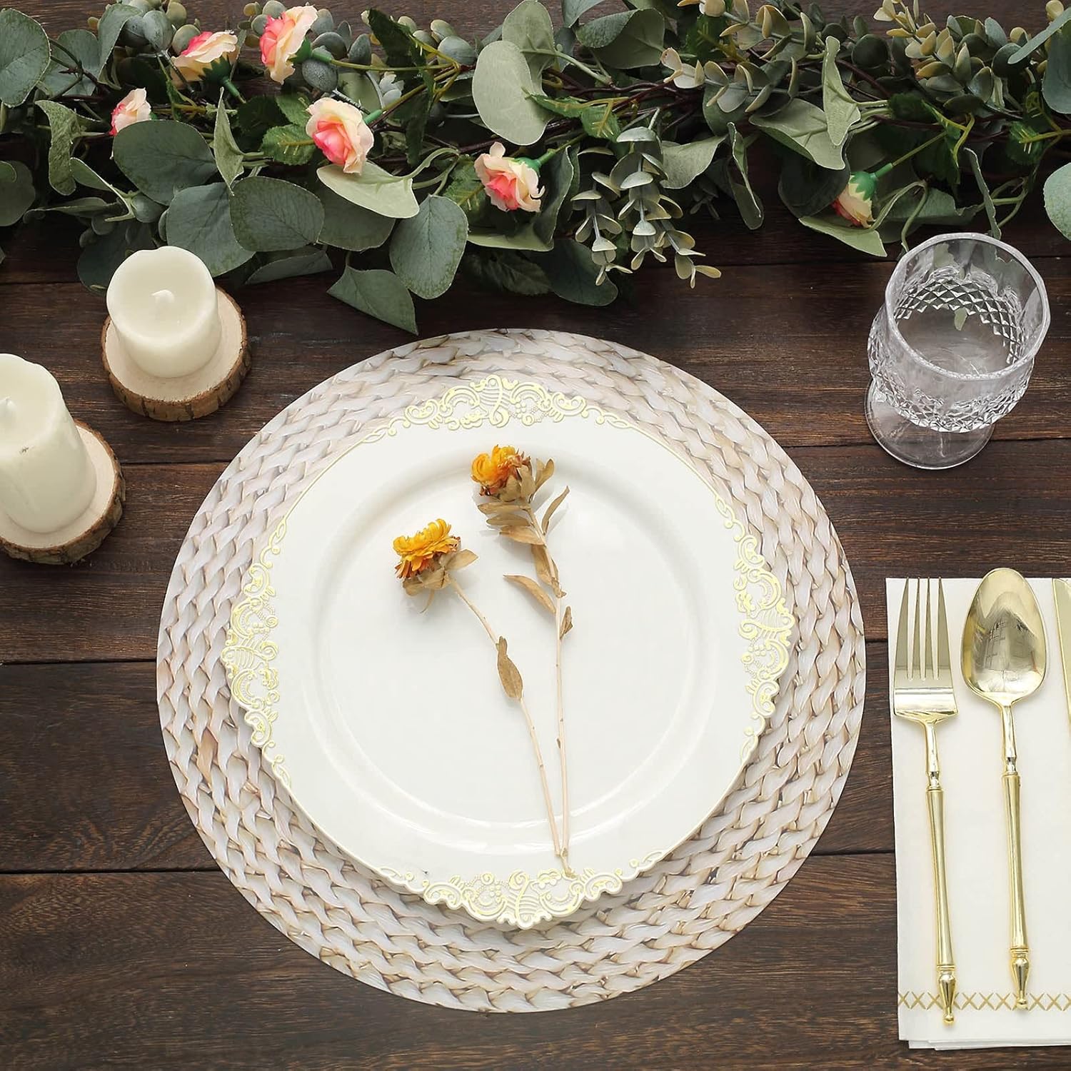 TABLECLOTHSFACTORY – Paquete de 6 bandejas desechables con diseño de ratán tejido de trigo de 13 pulgadas, platos de carga de papel redondos