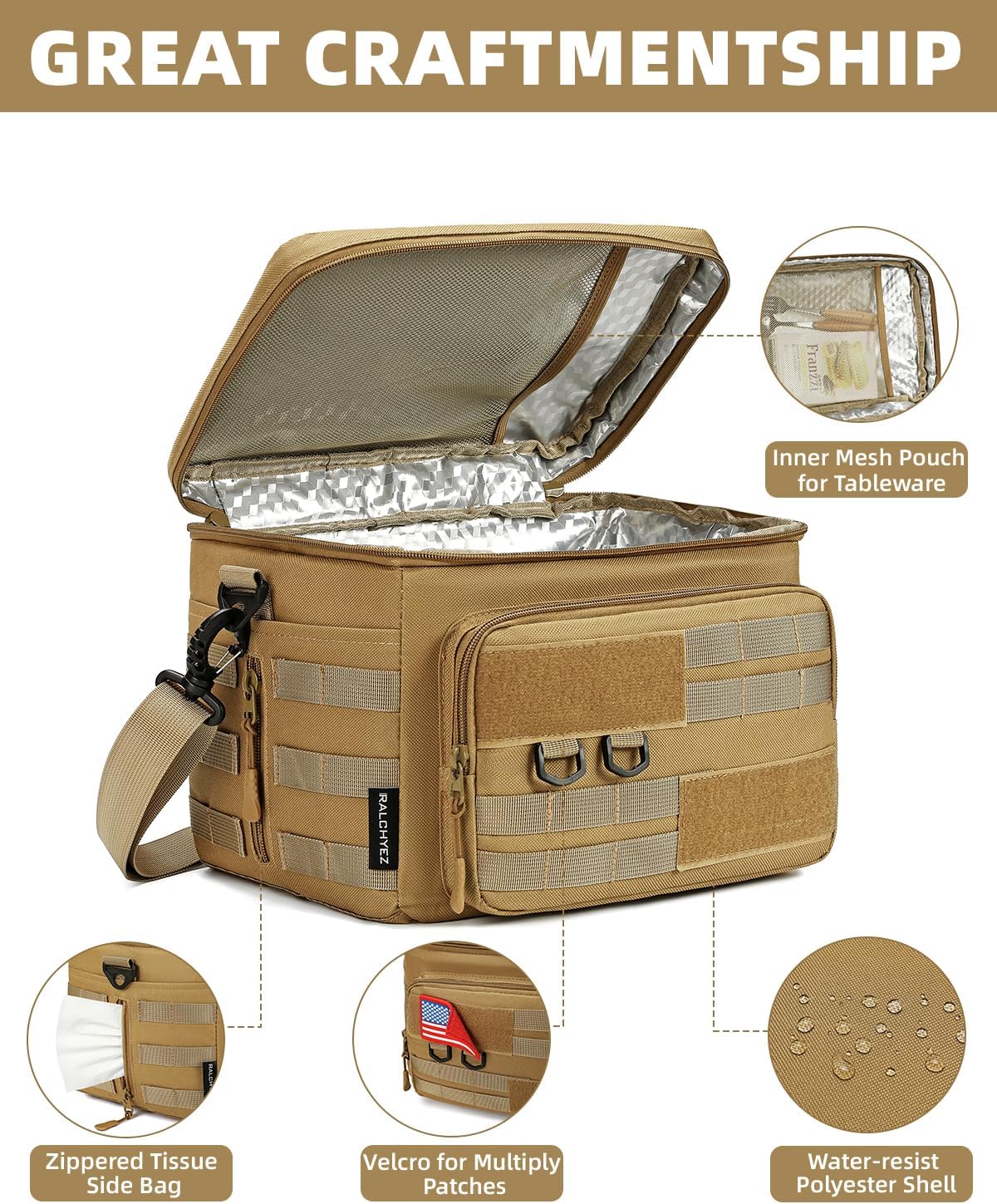 RalChyez Lonchera táctica, bolsa de almuerzo aislada grande de 13 L, con correas Molle, a prueba de fugas, con correa para el hombro, para adultos,