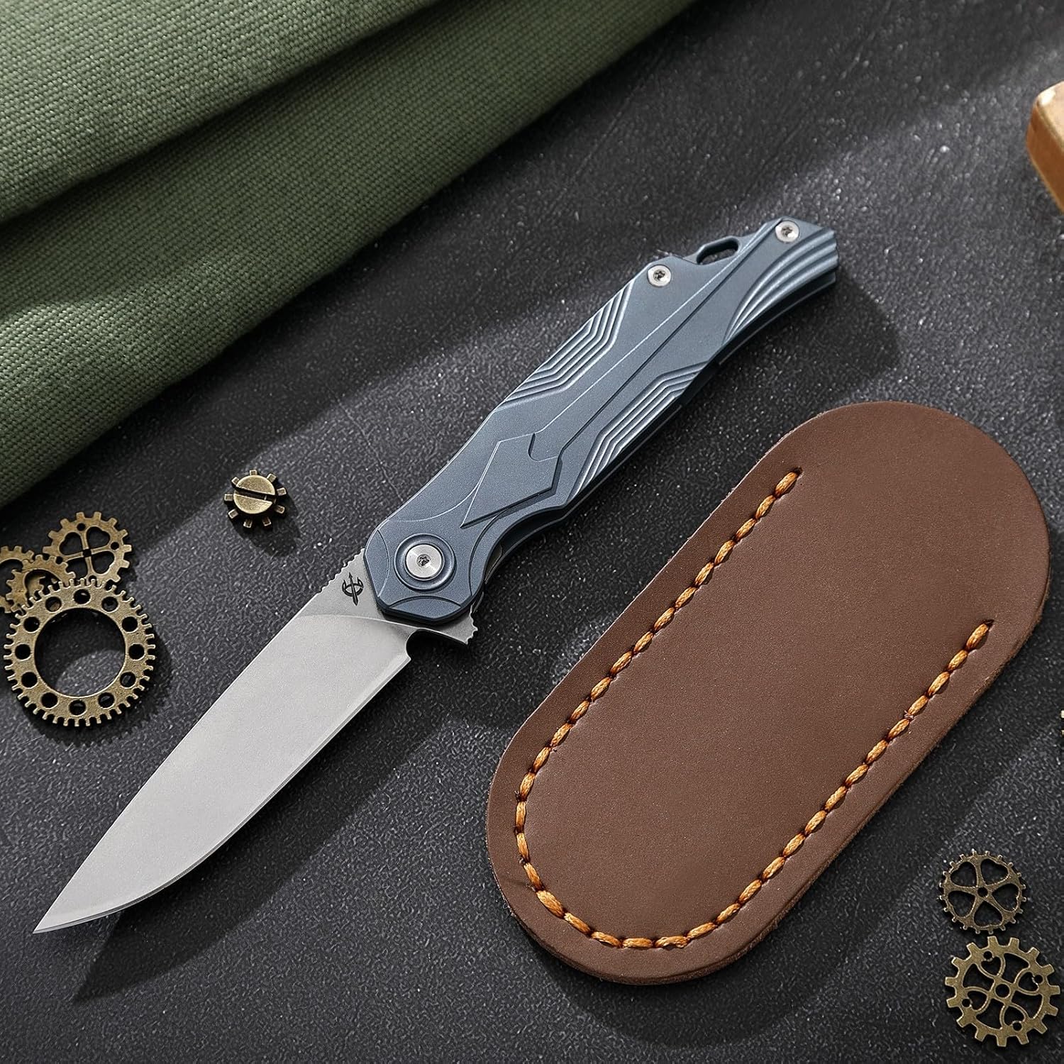 Cuchillo plegable de bolsillo EDC, cuchillo plegable de hoja S35VN, mango de titanio azul, construcción de bloqueo forrado, adecuado para hombres y