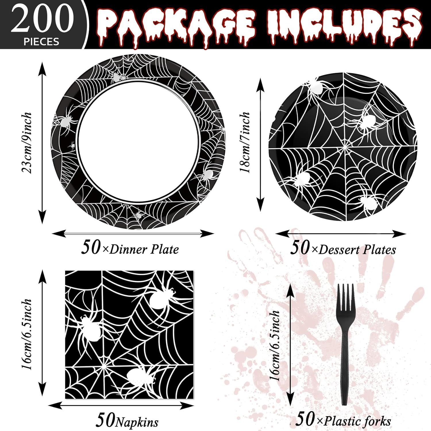 50 platos y servilletas de fiesta de telaraña de Halloween, suministros para fiesta, juego de vajilla de fiesta de telaraña, blanco y negro,