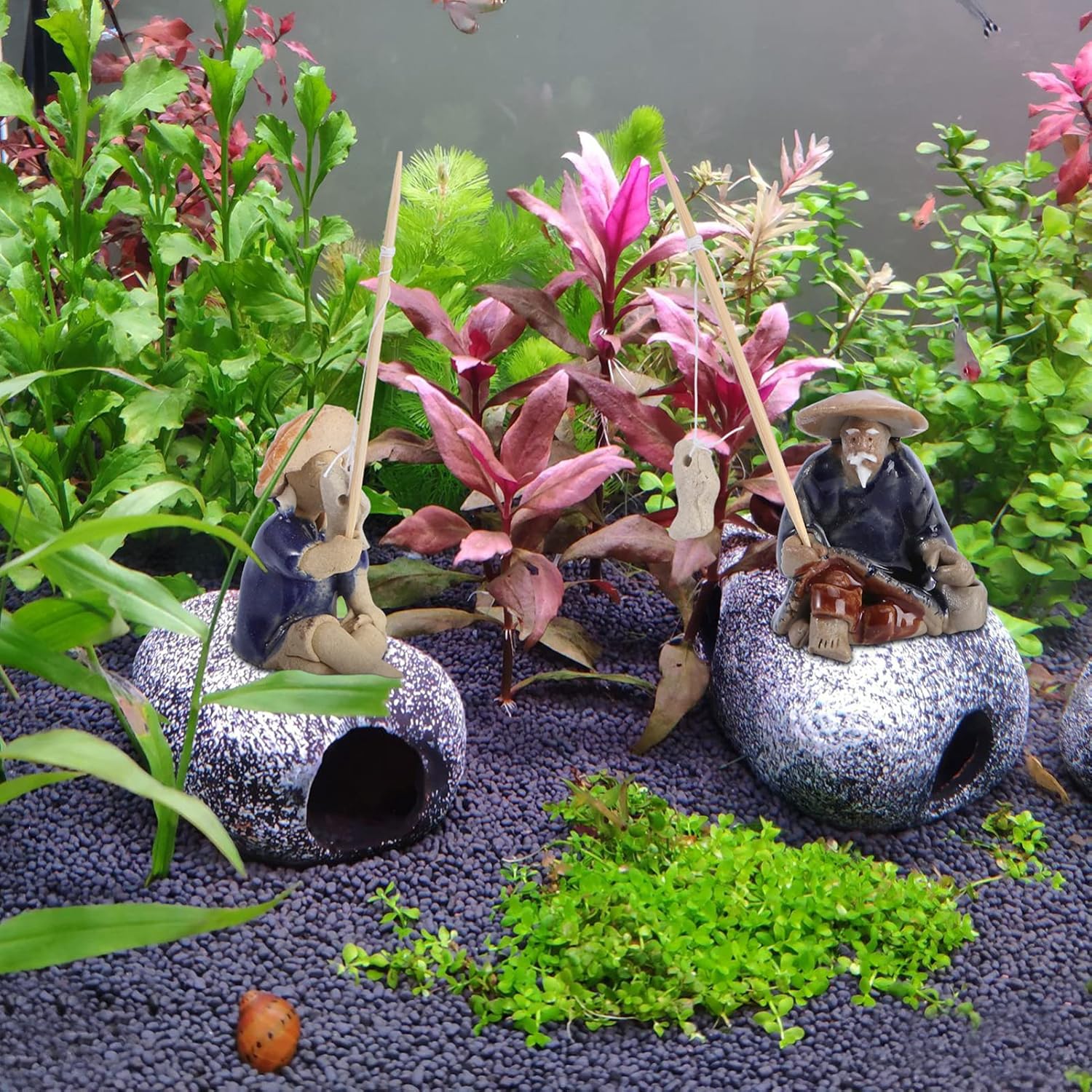 Yardwe Mini estatua de pescador de jardines de hadas, estatua de anciano, estatua de cerámica exótica, ambientes exóticos, bonsái, decoración de