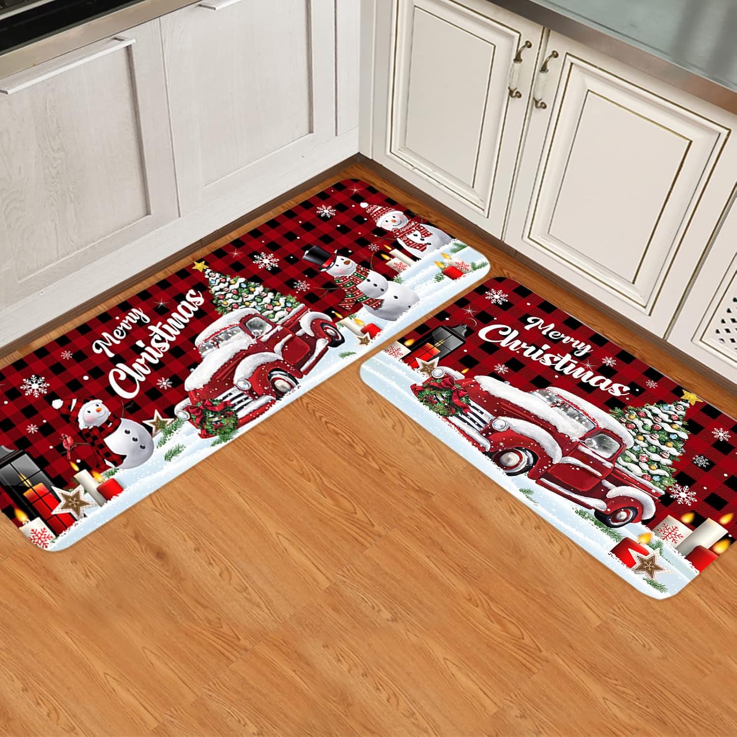 Juego de 2 alfombras de cocina con diseño de camión lindo con árbol de Navidad, diseño de muñeco de nieve con árbol de Navidad, campo de nieve a