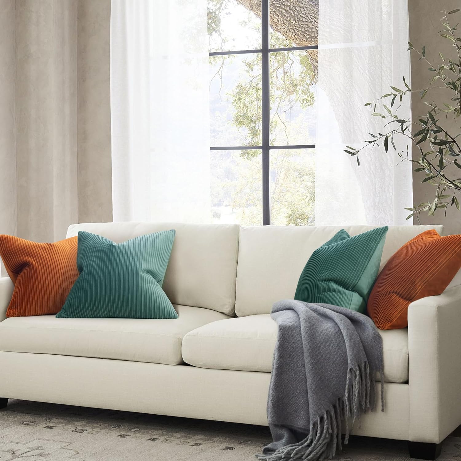 YCOLL Juego de 2 fundas de almohada naranja quemado de 20 x 20 pulgadas con patrón de rayas de terciopelo, almohadas suaves para decoración del