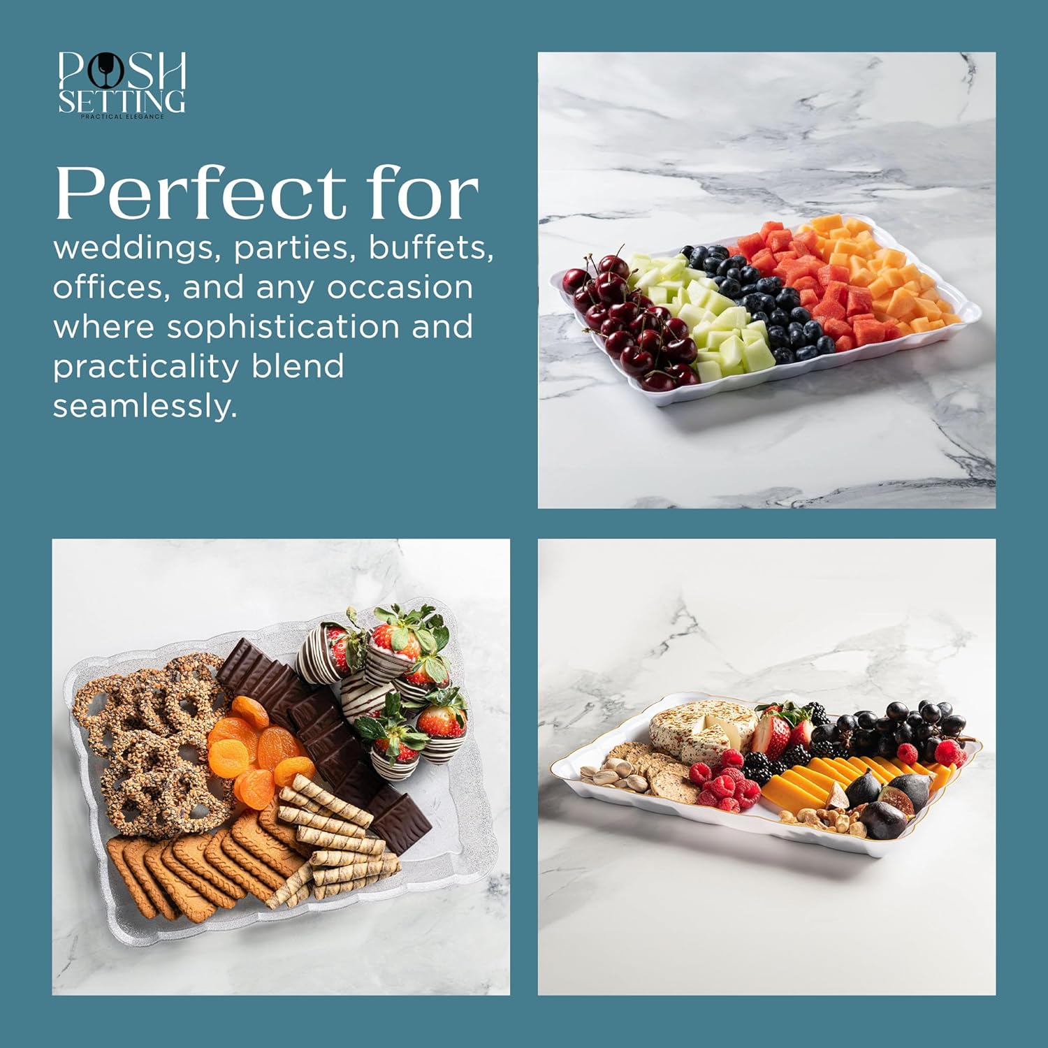 Posh Setting – Bandejas de plástico para servir alimentos, bandejas transparentes y doradas para fiestas, bandejas de plástico para servir, platos