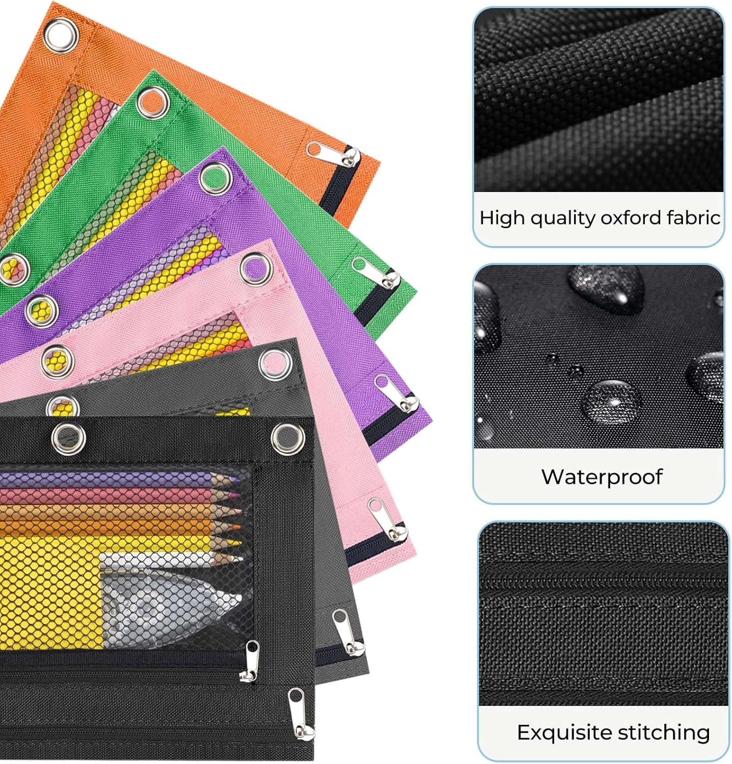 Estuche para lápices con 3 anillas, con cremallera, estuche para cosméticos, paquete de 2