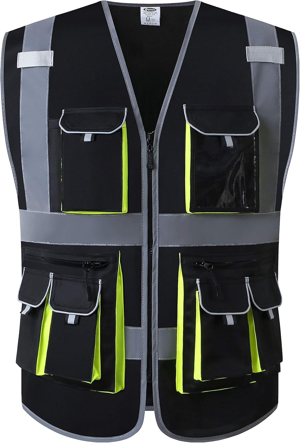 JKSafety Chaleco de seguridad frontal con 10 bolsillos clase 2 de alta visibilidad con tiras reflectantes, cumple con los estándares ANSIISEA