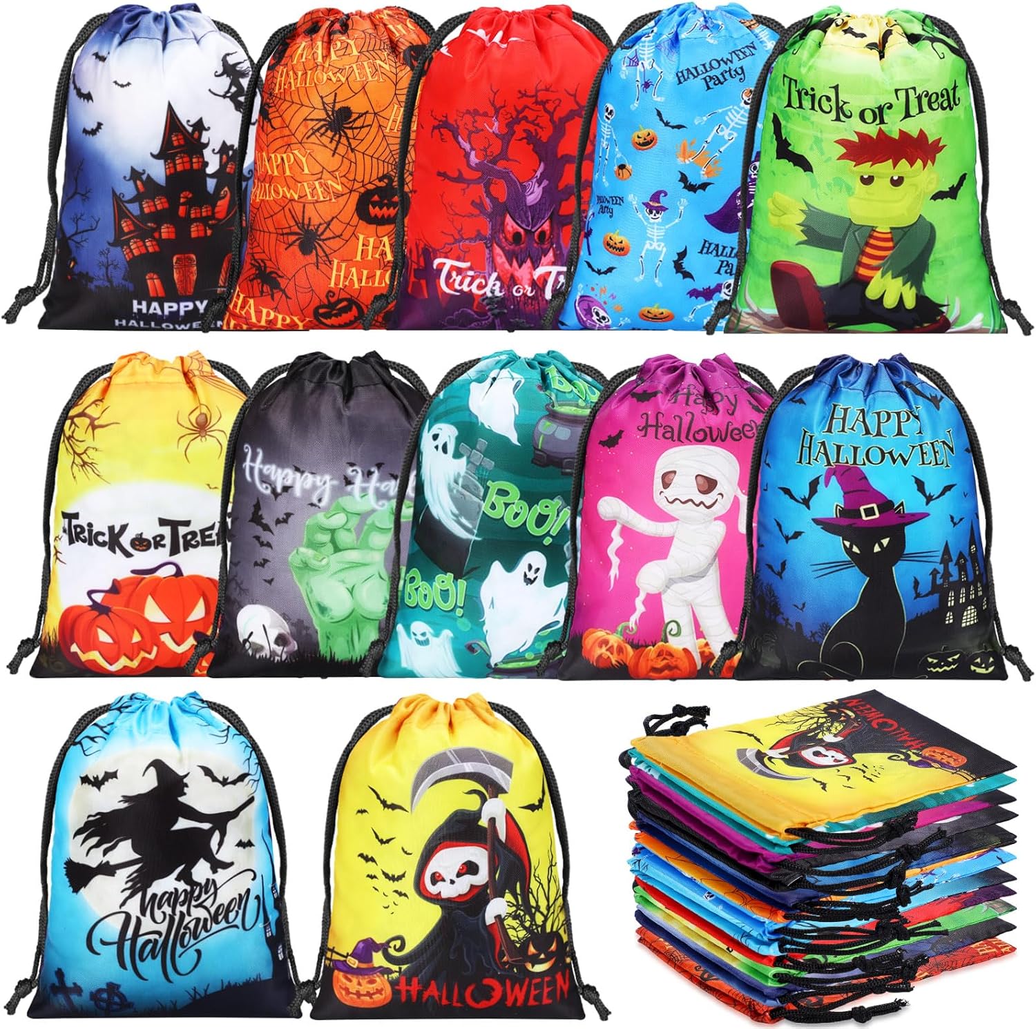 Honoson Bolsas de recuerdo de fiesta de Halloween, 24 bolsas de regalo con cordón, bolsas de poliéster de araña, bolsas temáticas de Halloween para