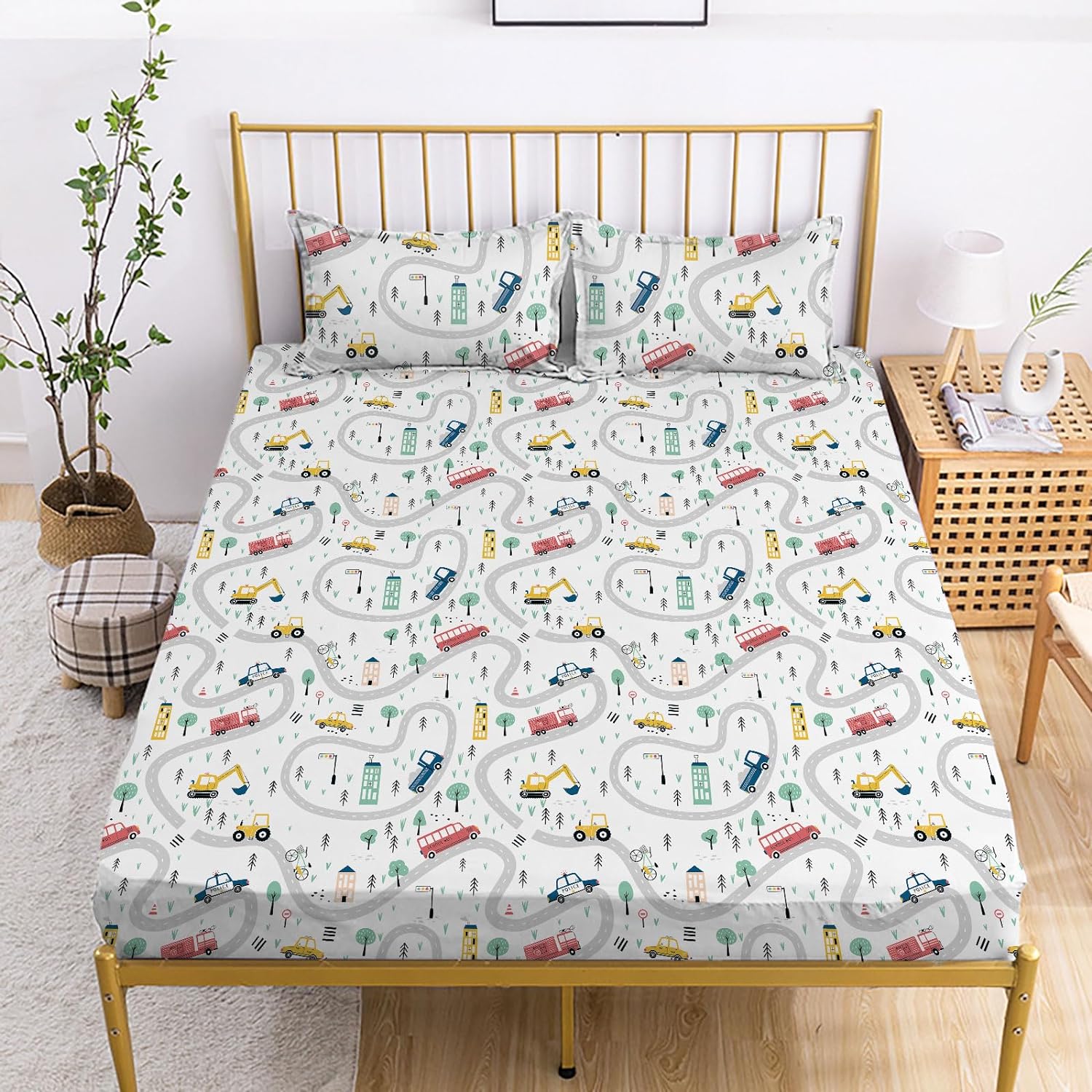 Twin Kids Fitted Sheets Road Traffic Themed Sheet and Pillowcases Set Cute Cartoon Truck Bed Boys Twin Sheet Set 2 Piece Bedding Decor Set