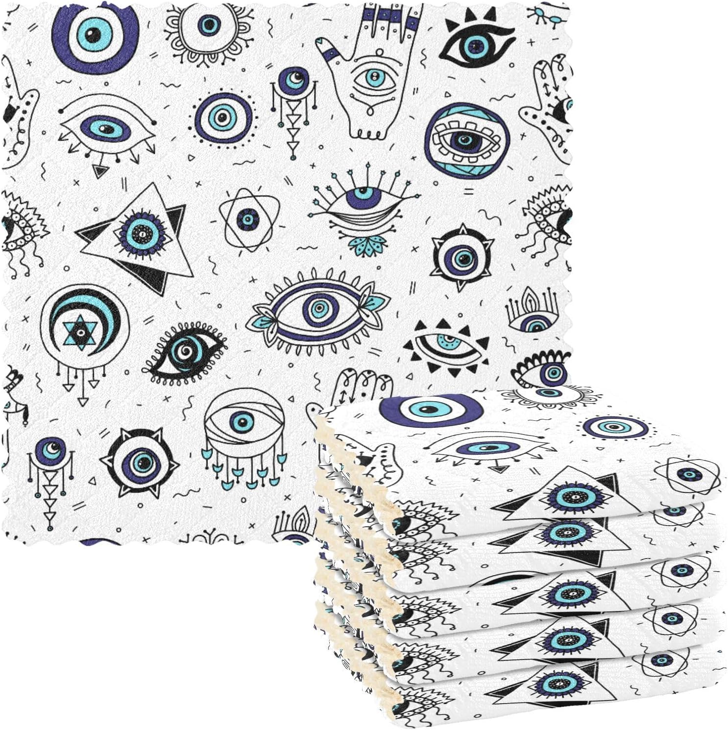 Evil Eyes Geometry Doodle 6 Pack Quick Dry Microfiber Cleaning Towels Kitchen Decorative Quality Microfiber Towel for Countertop Coffee