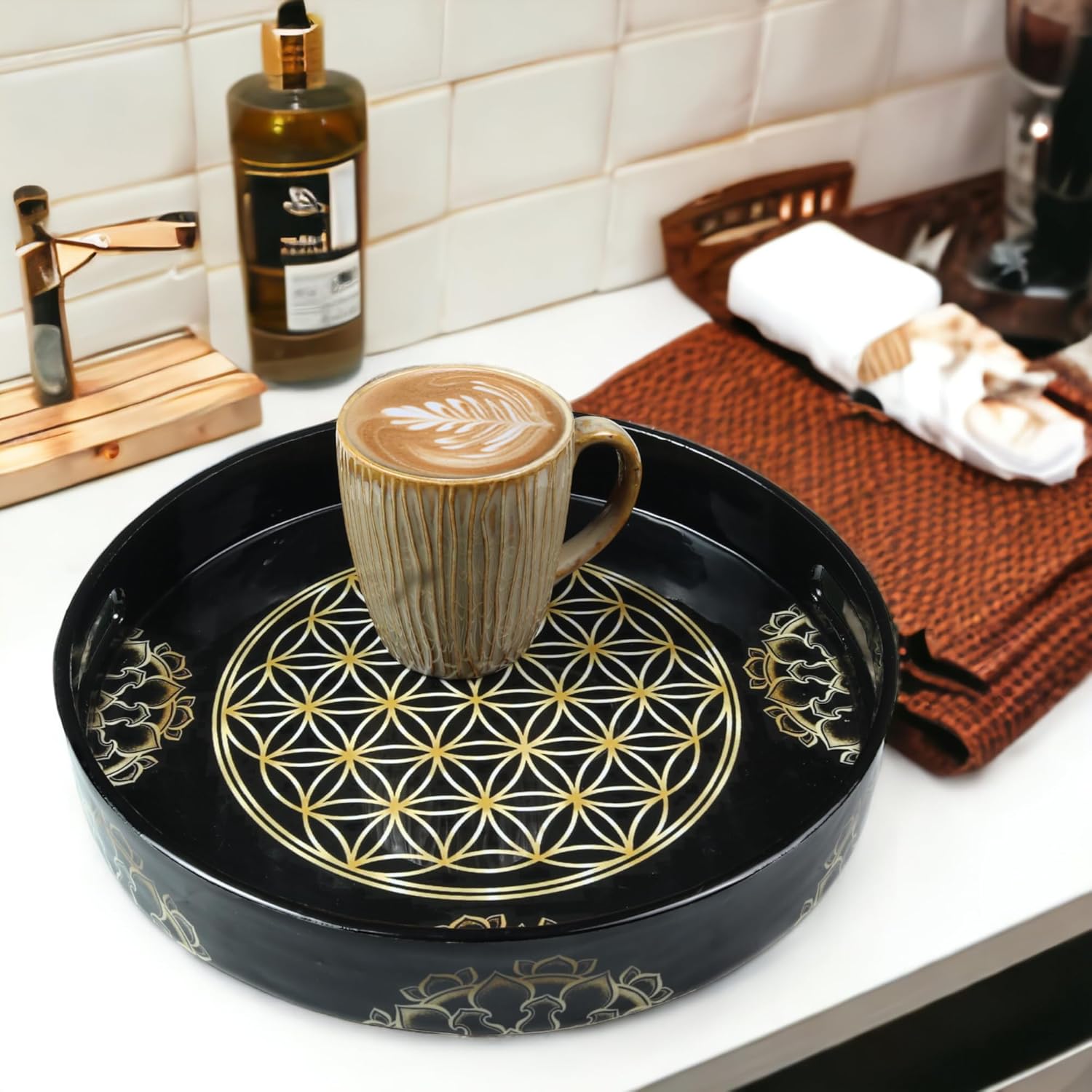Crocon Bandeja redonda para mesa de café, encimera de cocina, centros de mesa impresos con flores de la vida para comedor, bandeja otomana