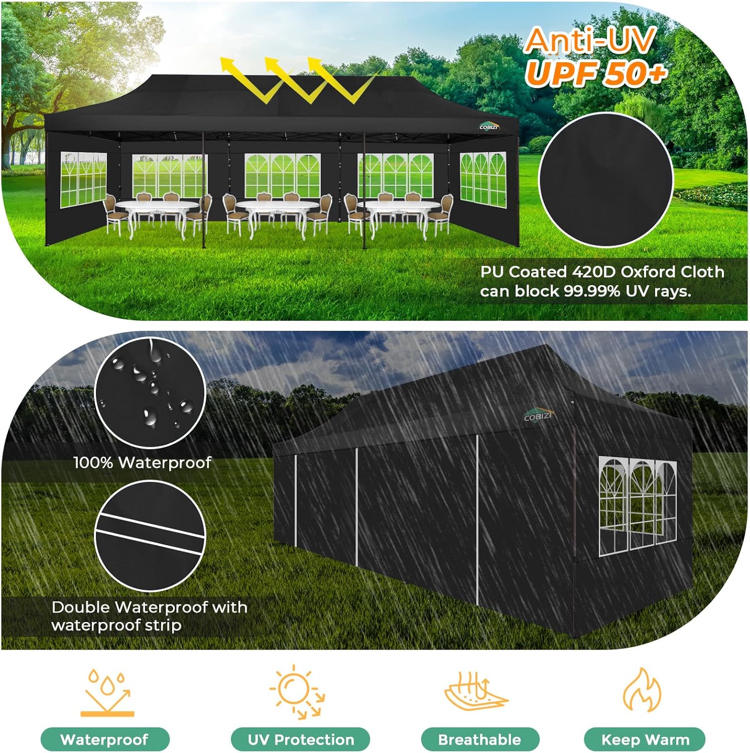 COBIZI Tienda de campaña resistente de 10 x 30 pulgadas, toldo comercial desplegable de 10 x 30 pulgadas para fiestas, kioscos impermeables con 8