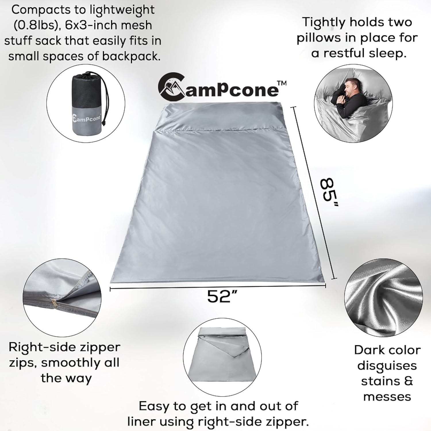 CAMPCONE Forro de saco de dormir sedoso para clima fríocálido, sábanas de viaje XL para hotel de 85 x 52 pulgadas, saco de dormir ligero con
