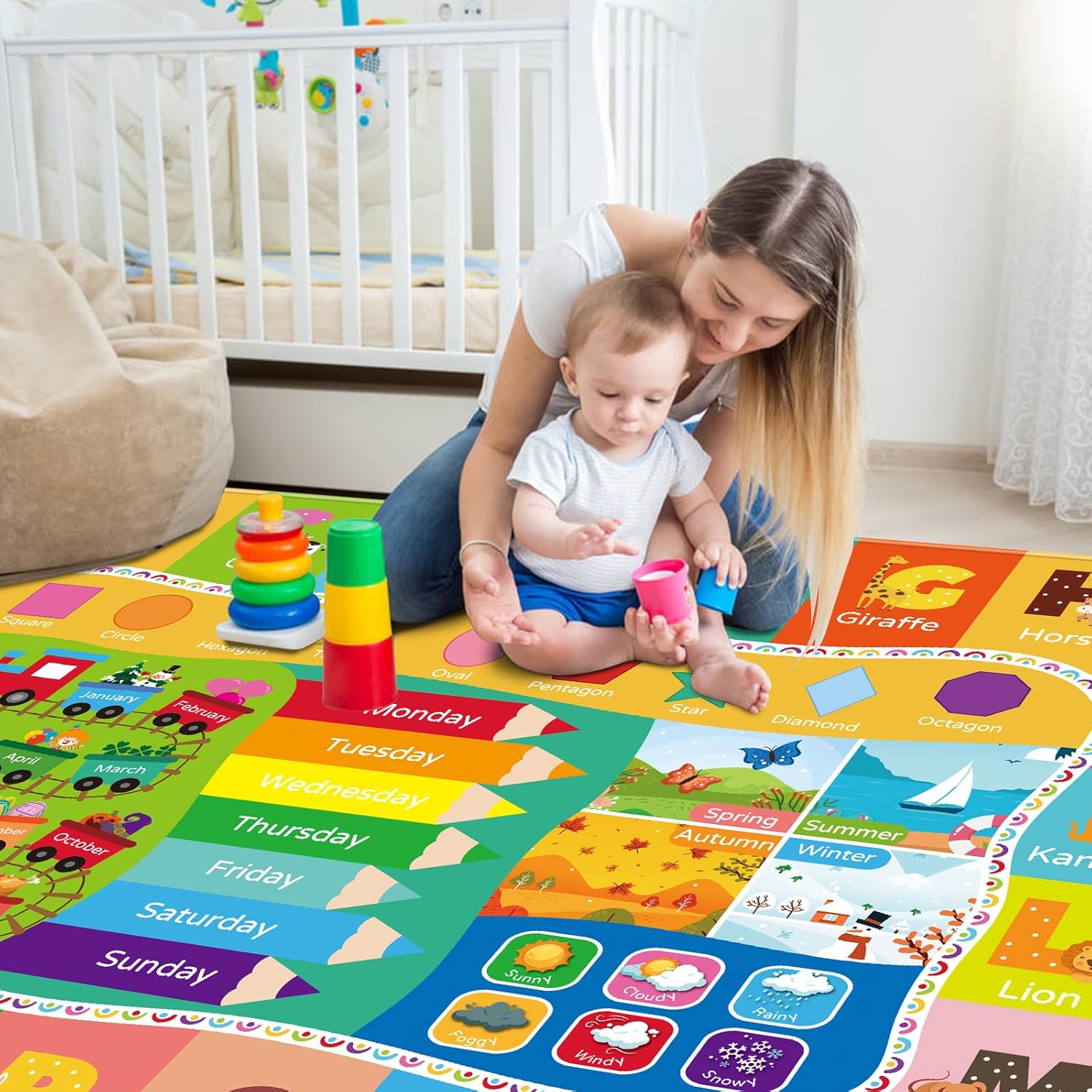 AKASISRUG Alfombra de juego para niños, colección Playtime ABC, forma, temporada, mes, semana, aprendizaje educativo para sala de juegos de niños,