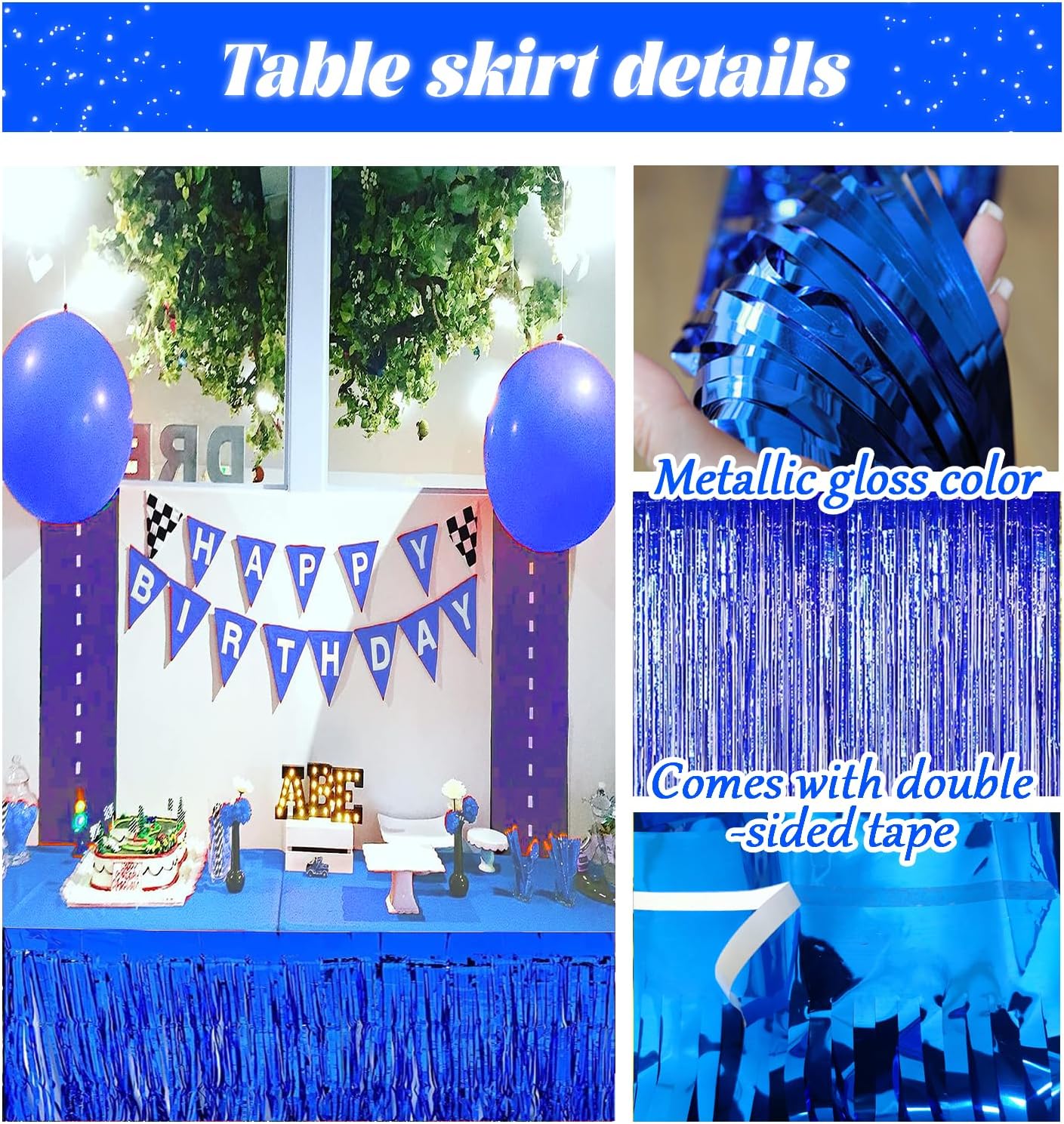 6 faldas de mesa de oropel con flecos metálicos azules de 9 pies x 29.5 pulgadas para mesas rectangulares, cortinas de fondo de oropel, suministros