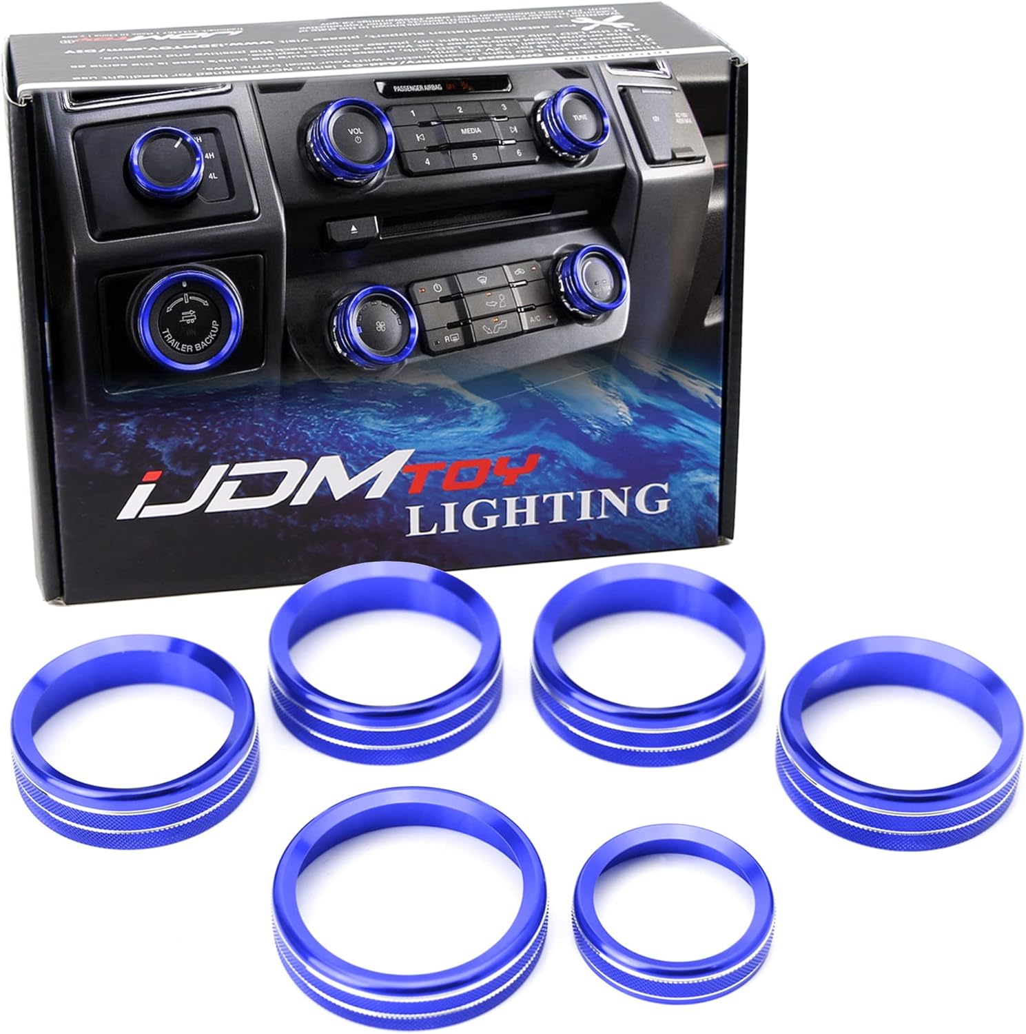iJDMTOY Juego de 6 cubiertas de anillo giratorio de interruptor de aluminio azul deportivo, volumen estéreoTune Trailer4WD Switch Turner Ring Covers