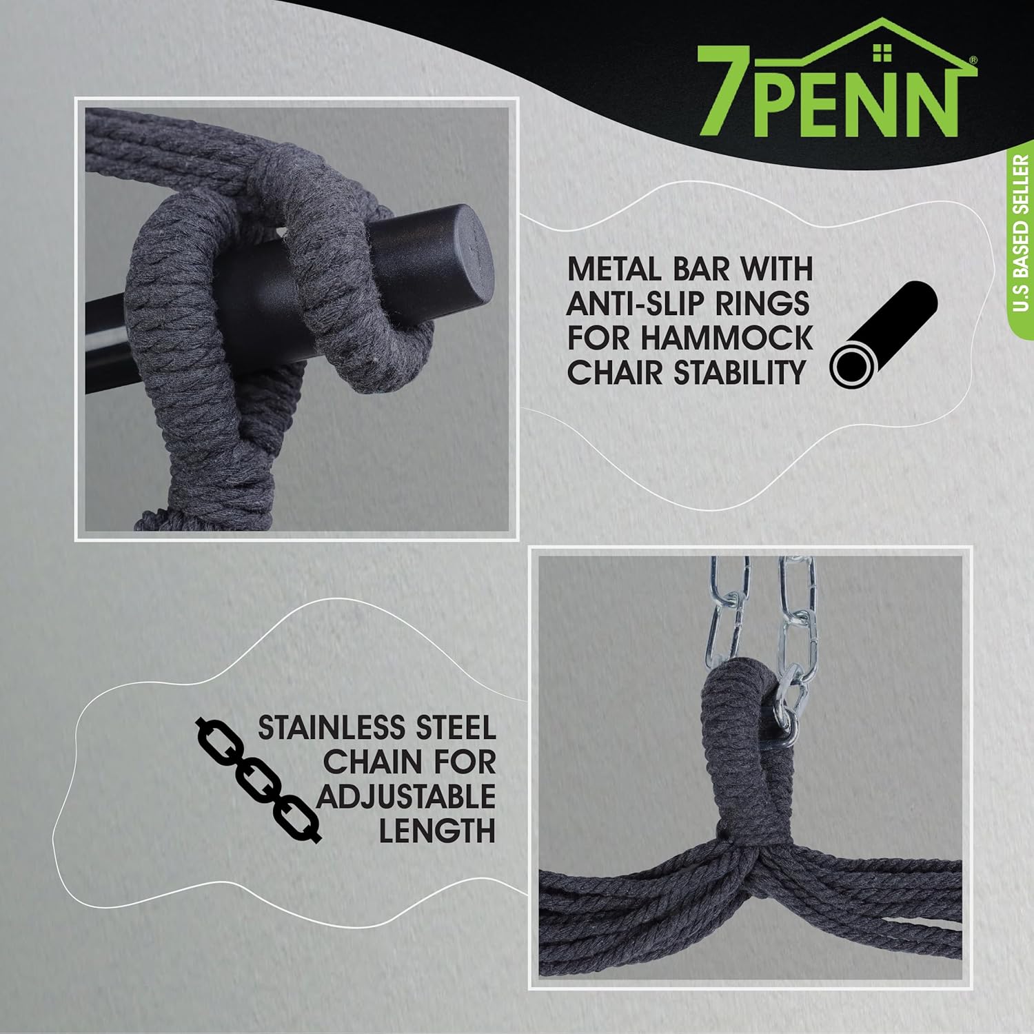 7Penn Silla hamaca colgante con cuerda  Capacidad de 440 libras, de algodón negro, para interiores y exteriores, estilo bohemio, macramé, silla