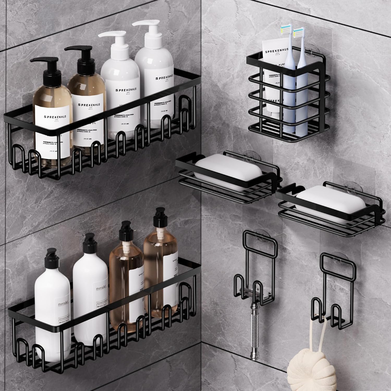 HSD Houseware Paquete de 7 organizadores de ducha adhesivos para almacenamiento de baño y cocina, estante de ducha adhesivo para ducha interior con