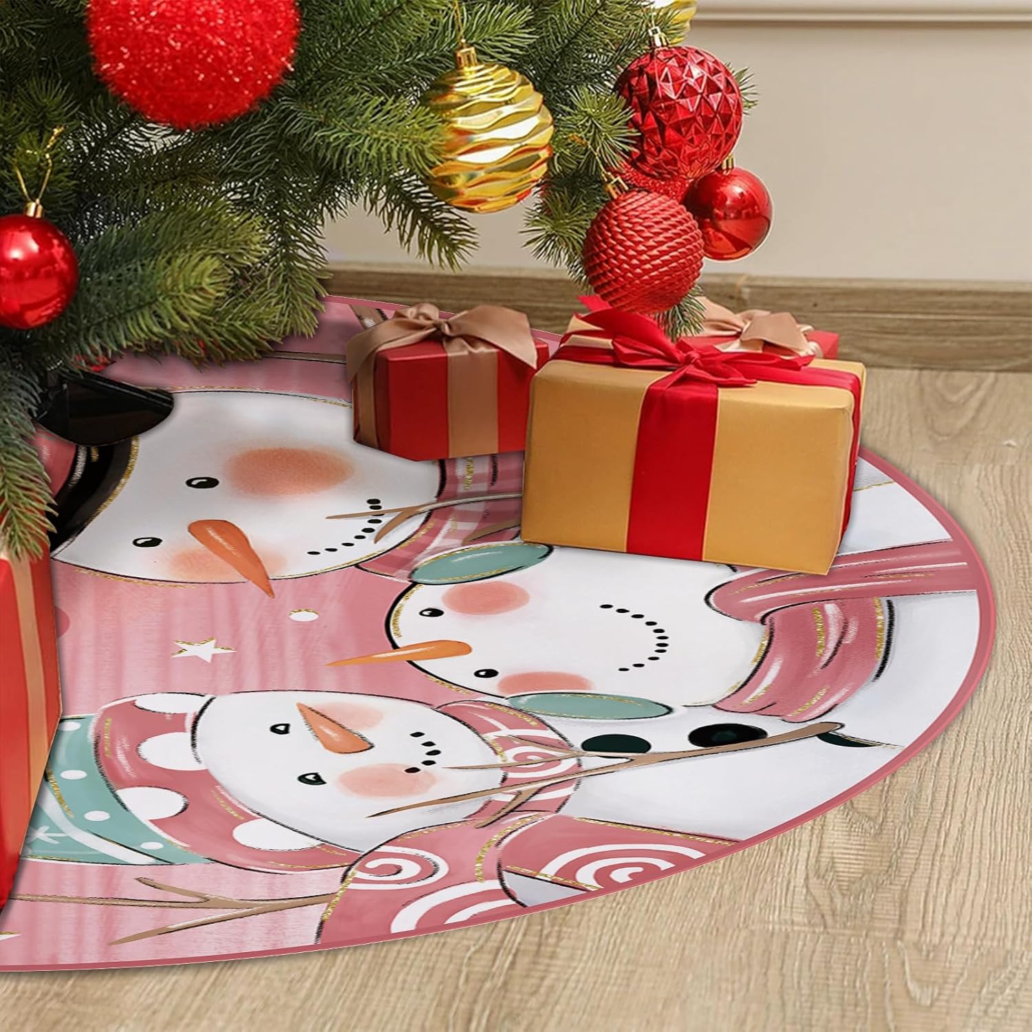 Falda de árbol de muñeco de nieve de 48 pulgadas con cordones, falda de árbol de Navidad rosa artificial, fiesta de invierno, decoración de