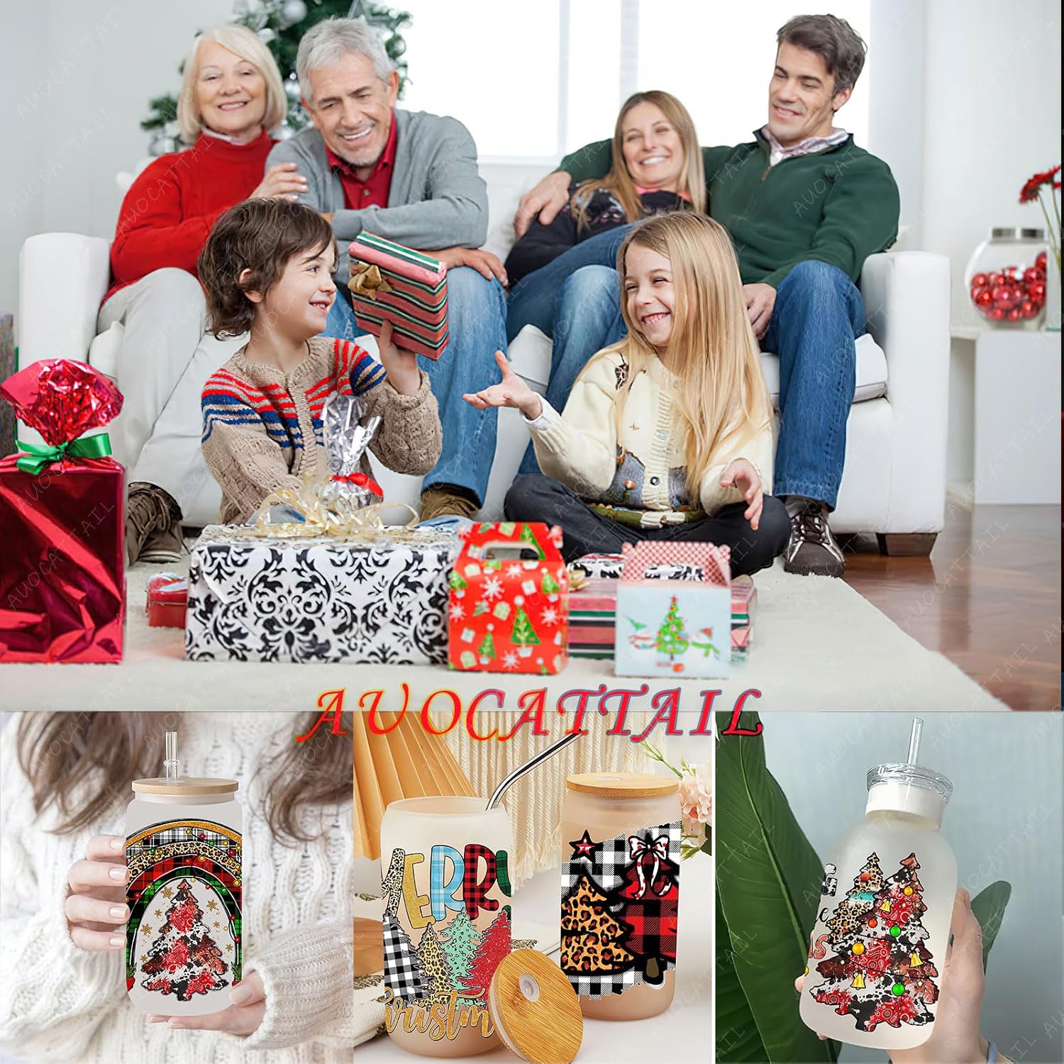 AUOCATTAIL Adhesivos de transferencia de Navidad 3D UV DTF, 6 hojas de árbol de Navidad, corona de Navidad, calcomanías de transferencia de copa de