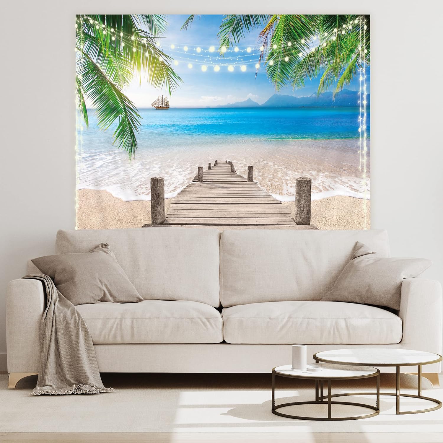 Riyidecor Tapiz de verano para playa, playa, océano, ola, palmera, paisaje, vacaciones, naturaleza, cielo azul, paisaje costero, para colgar en la