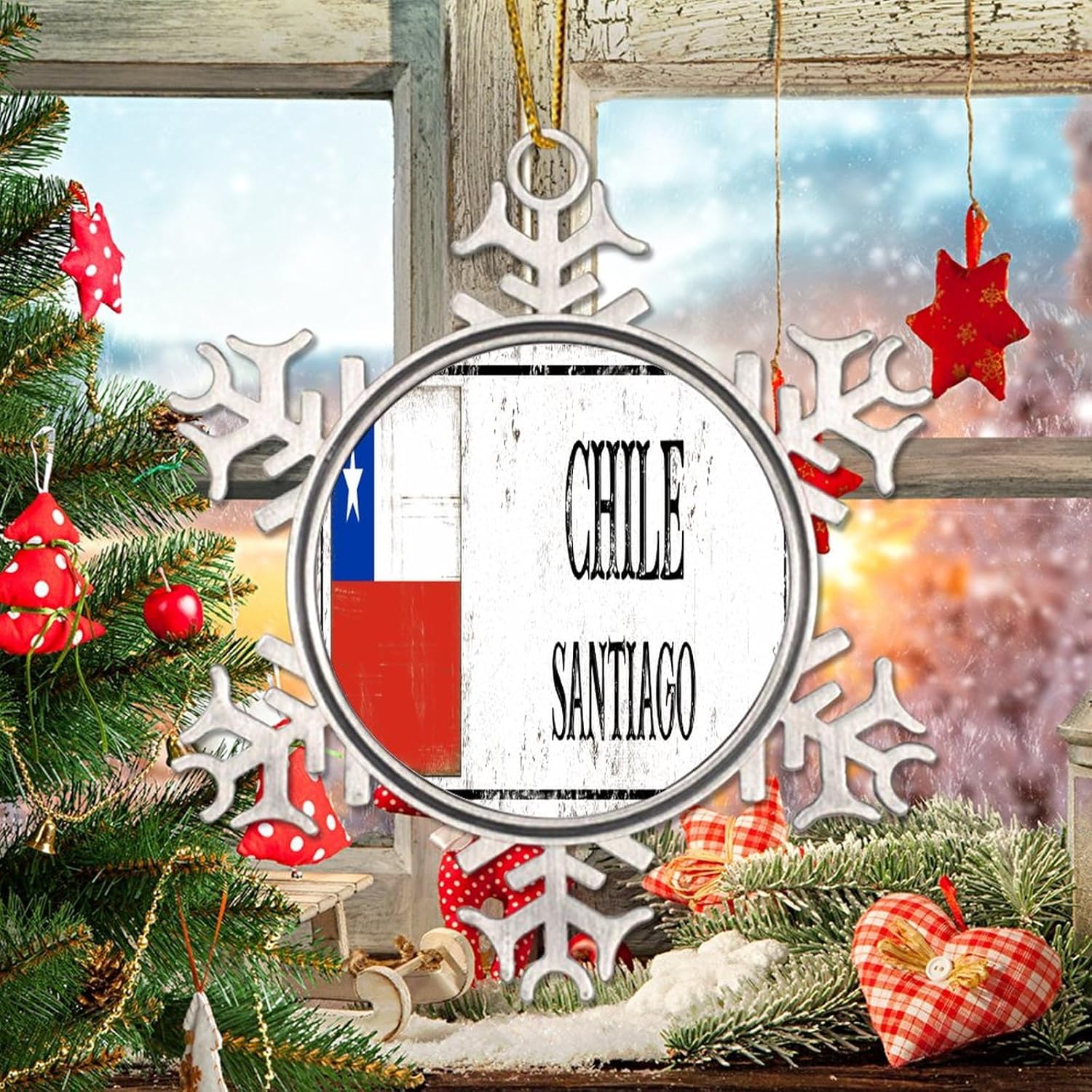 CowkissSign Chile – Adorno de Navidad de copo de nieve de metal, decoración de árbol de Santiago, adorno colgante de Navidad, recuerdo de la ciudad,
