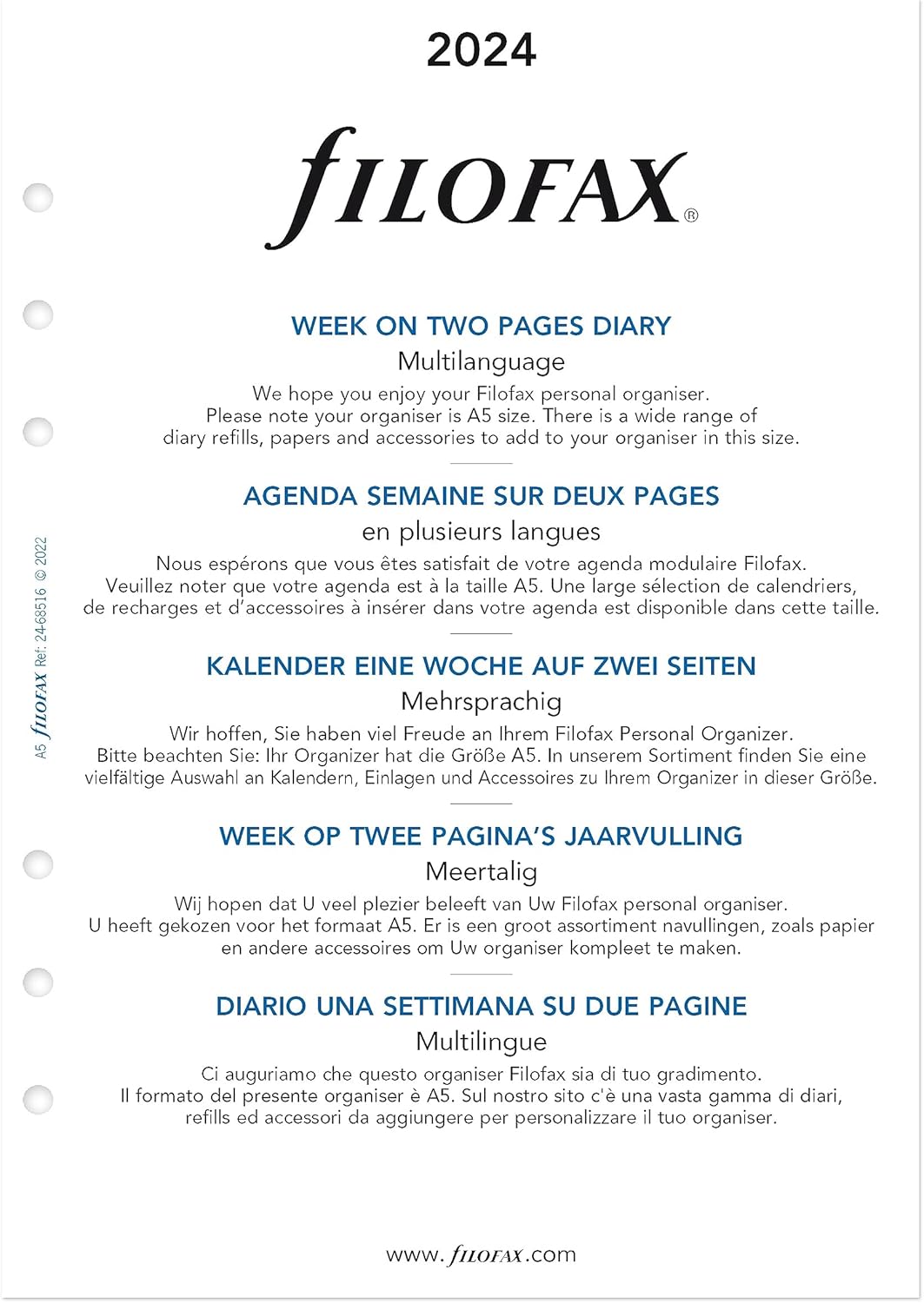 Filofax Recambio de diario para calendario, tamaño A5, sección semanal con notas, libro blanco, sin rayas, multilingüe cinco idiomas, 2024