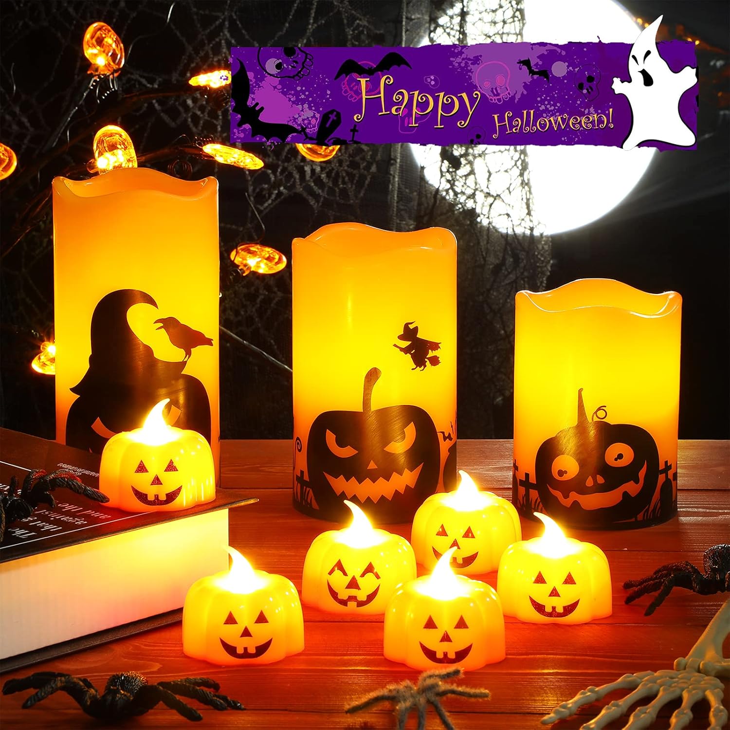 Nuanchu 3 velas LED sin llama de Halloween que funcionan con pilas, velas de cera surtidas, velas sin llama con 6 lámparas de calabaza para