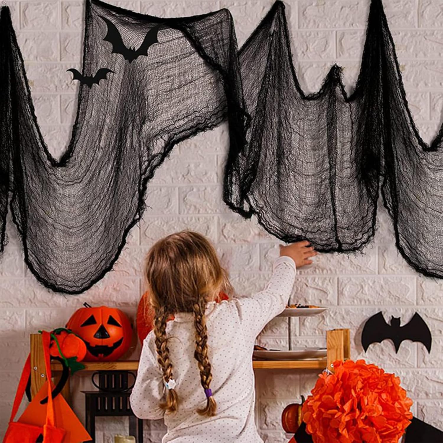 llablurr Tela espeluznante de Halloween de 30 x 400 pulgadas, decoración de Halloween, tela negra espeluznante, gasa aterradora, decoración de