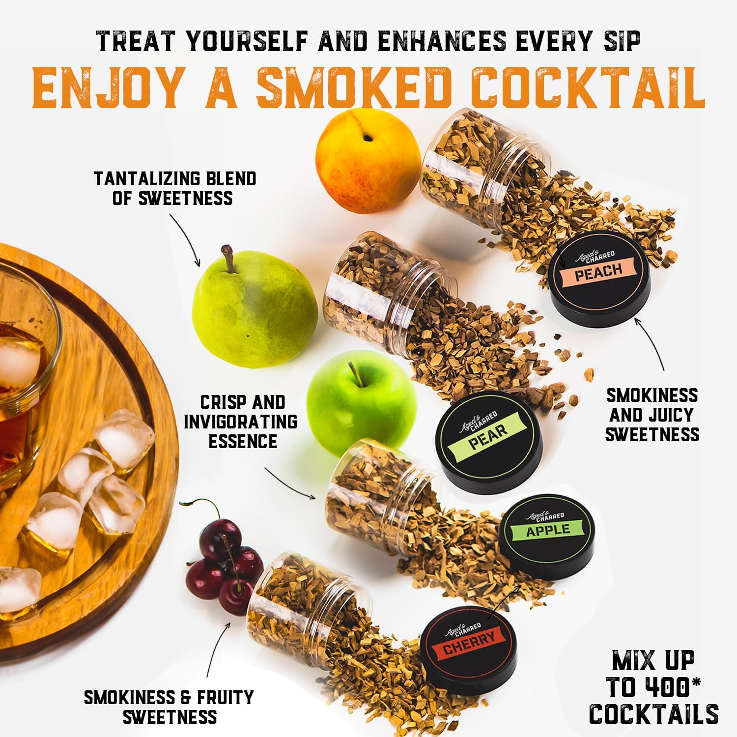 Aged & Charred Fruit Pack – Chips de madera para ahumador de cóctel, paquete de 4 frutas manzana, cereza, melocotón, pera para bebidas, chips de