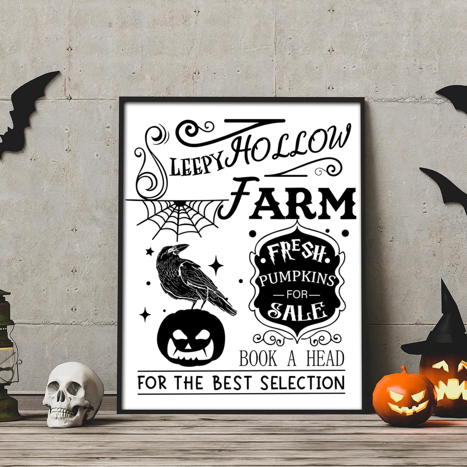 AnyDesign – 9 piezas de arte de pared de bruja de Halloween, diseño de esqueleto de gato blanco y negro, diseño de arte de palabra, decoración de