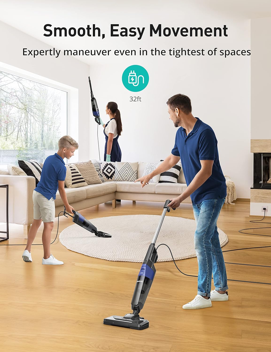 Aspiradora pequeña, aspiradora Aspiron Stick con potente succión de 20 kPa y taza de polvo de 0.88 cuartos de galón y cable de alimentación de 32