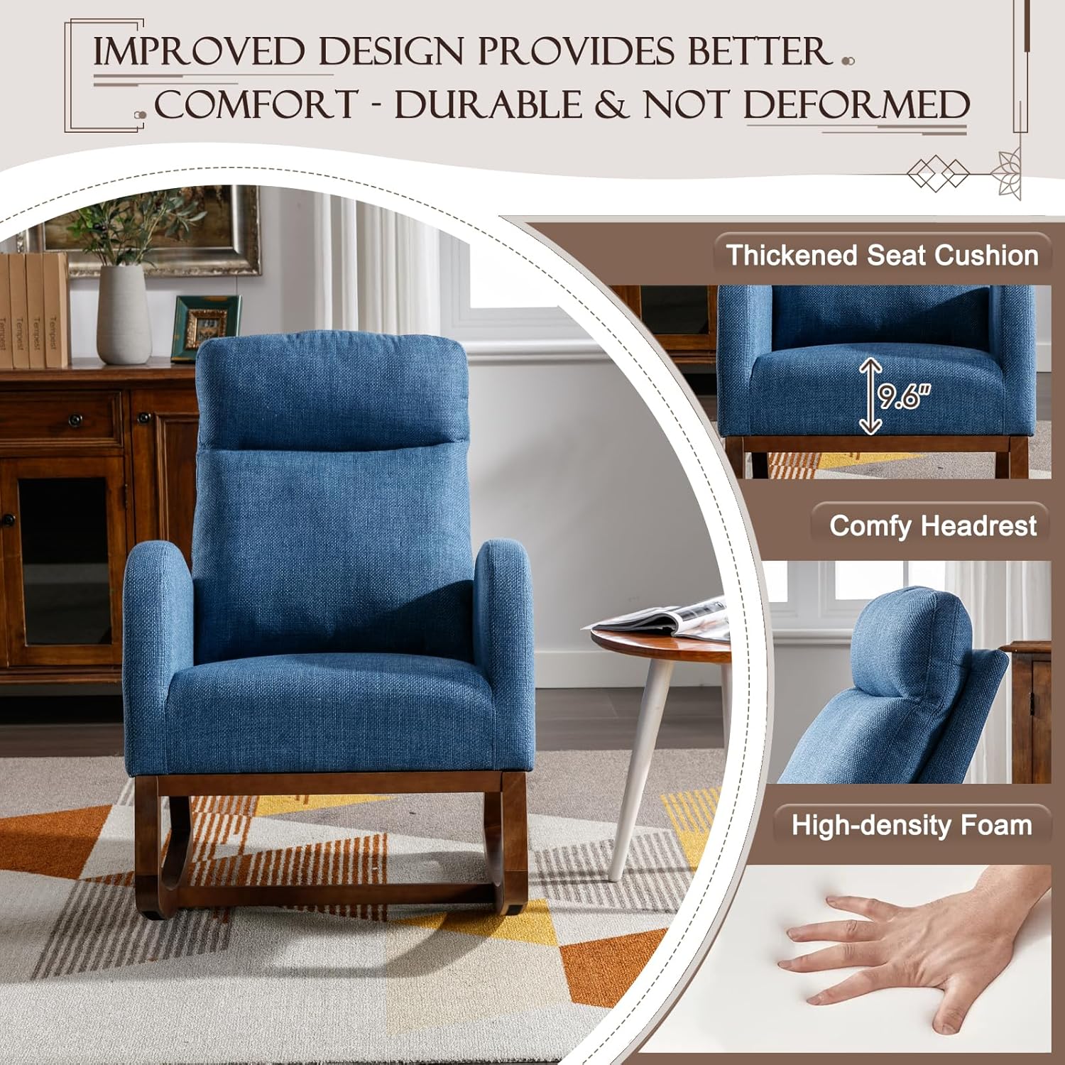 Obuvar Mecedora tapizada para guardería, mecedora Accent Glider con bolsillo lateral, cómoda silla con respaldo alto y reposacabezas, planeador de