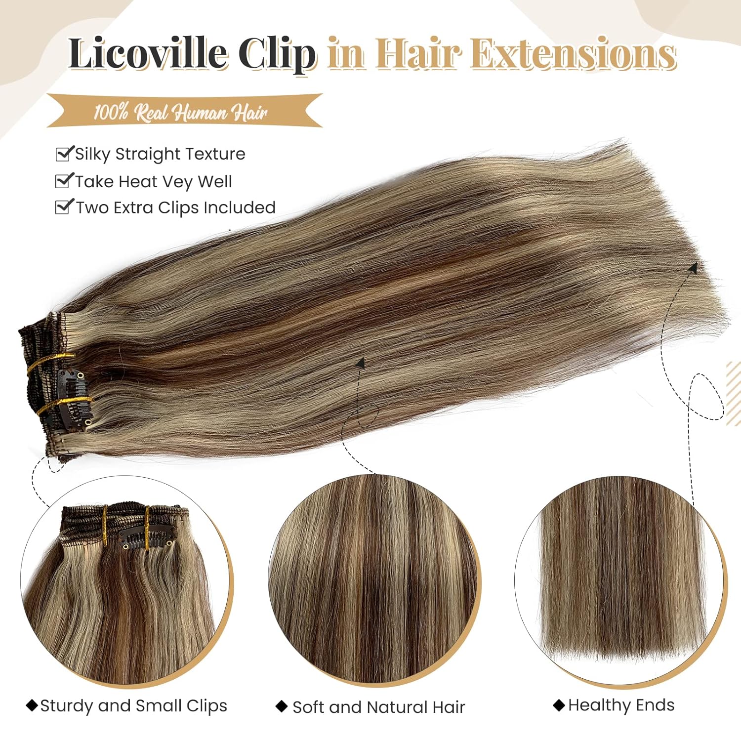 Extensiones de cabello humano real con pinzas, color marrón medio con rubio, extensiones de cabello humano Remy lacio y sedoso, 16 pulgadas, 7