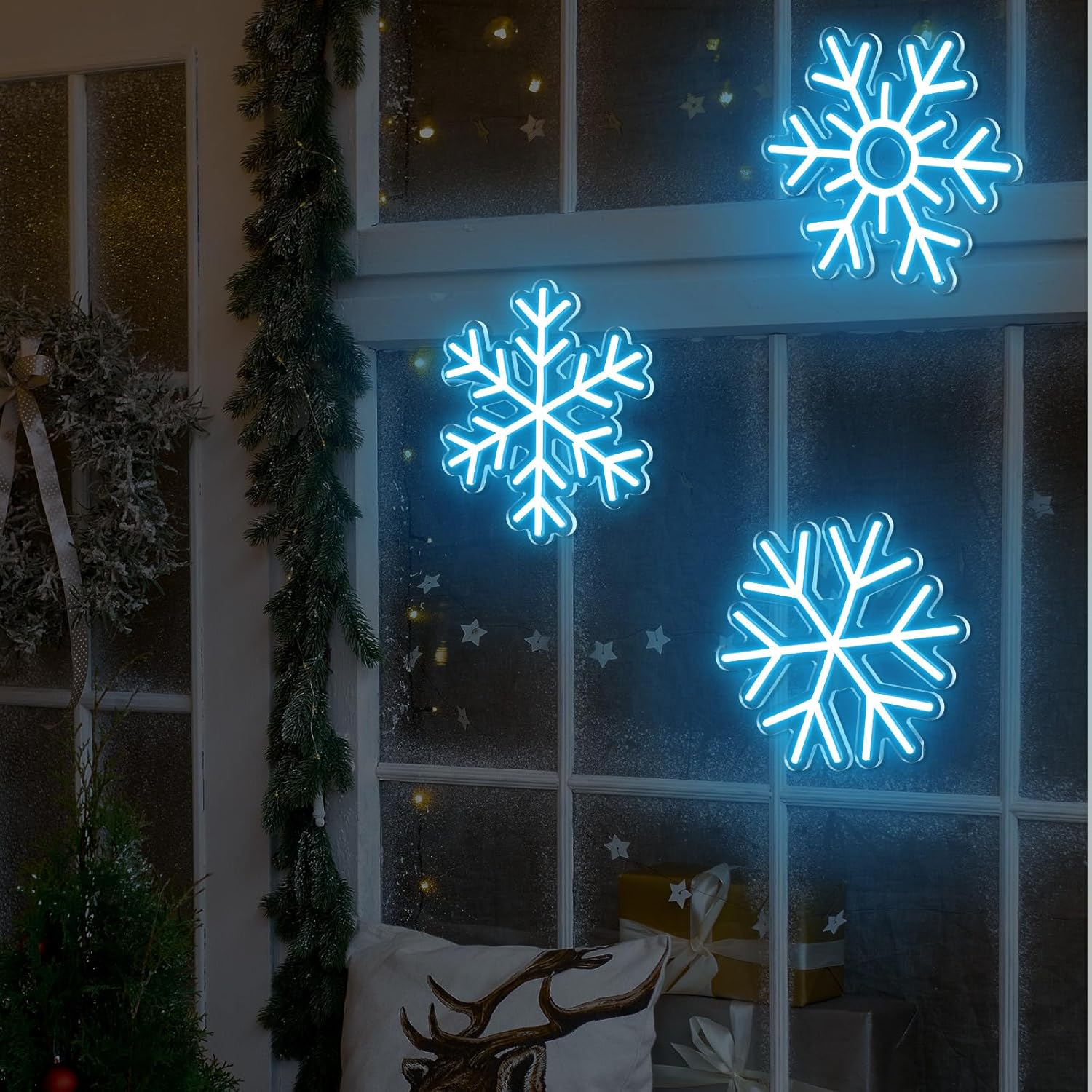 Treela Letrero de neón de copo de nieve de Navidad, letrero de neón azul hielo, luz de neón de Navidad, decoración de Navidad con USB, para colgar