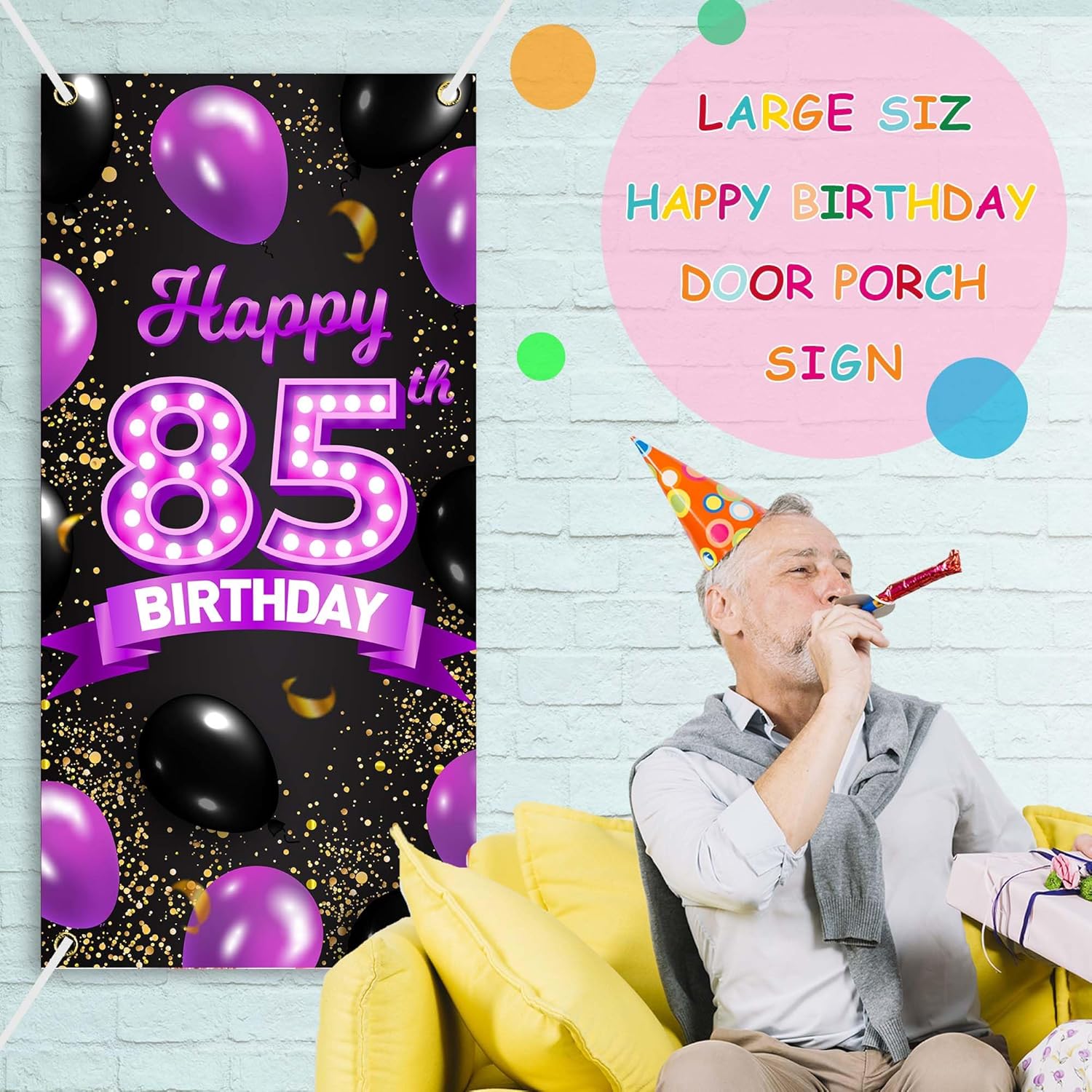 Cartel de feliz cumpleaños 85 morado y negro, decoración temática de globos de confeti de 85 años para mujeres, decoraciones de fiesta de cumpleaños