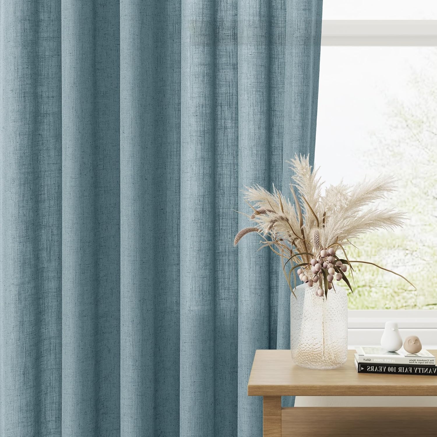 Guken Cortinas de lino azul de 108 pulgadas de largo para sala de estar o dormitorio, juego de 2 paneles de cortinas semitransparentes con bolsillo