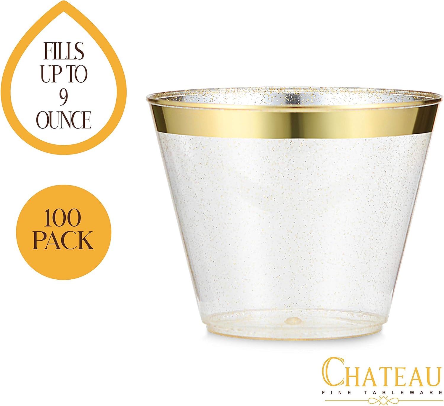 Paquete de 100 vasos de plástico de 9 onzas con purpurina dorada con borde dorado, tazas de fiesta de alta calidad, elegantes y resistentes, bodas,
