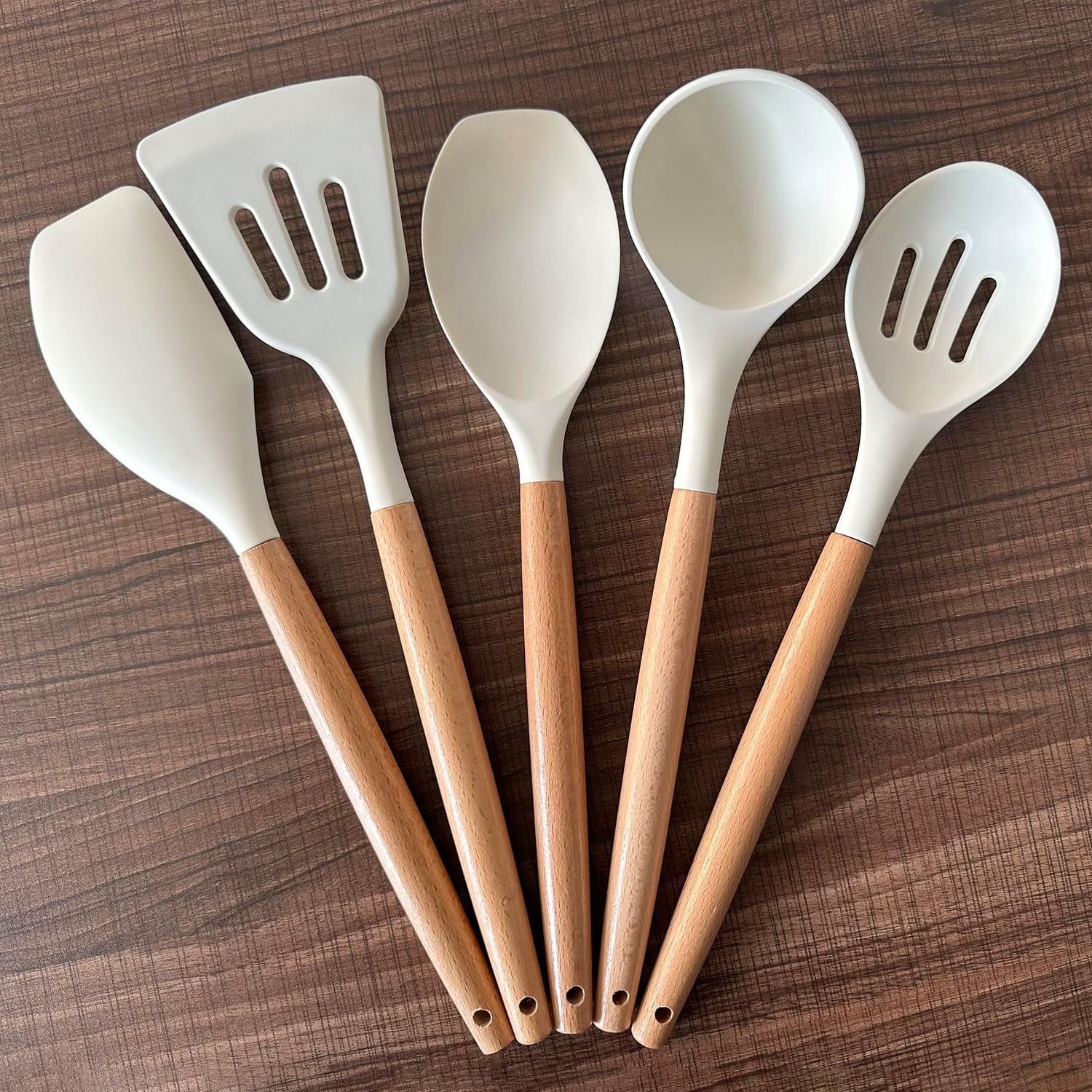 IOCBYHZ Juego de 5 utensilios de cocina de silicona, juego de utensilios de cocina con mango de madera resistente al calor, antiadherente, espátula