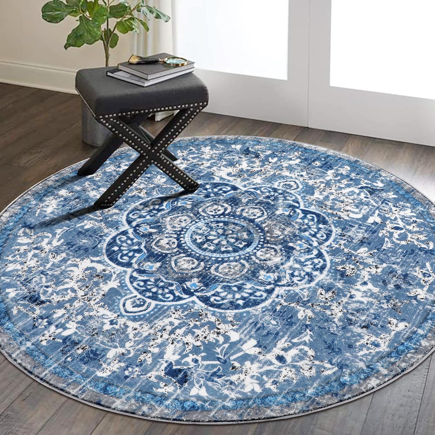 HEBE – Alfombra redonda bohemia de 4 pies, antideslizante, lavable, para sala de estar, dormitorio, medallón envejecido, vintage, alfombra redonda,