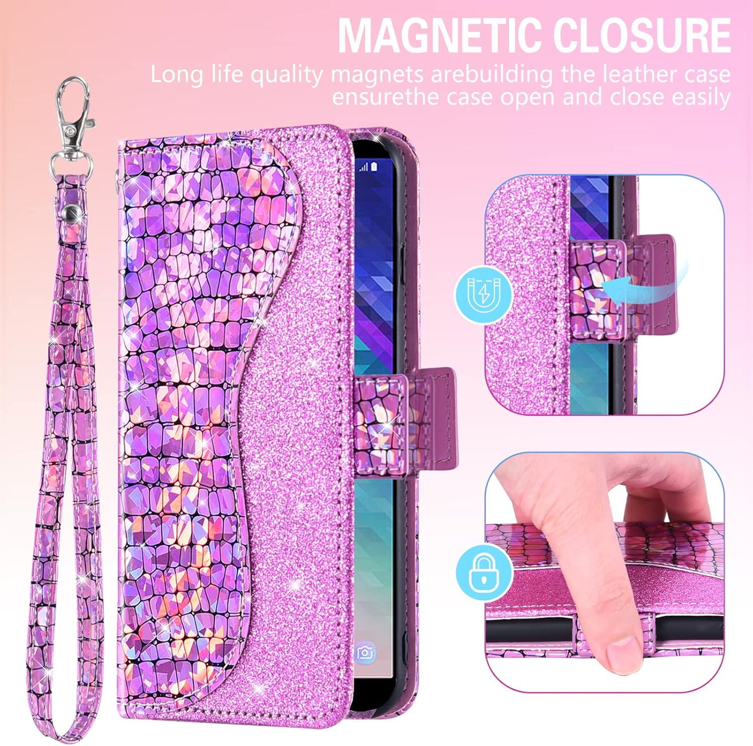 Asuwish Funda de teléfono para Samsung Galaxy A6 con protector de pantalla de vidrio templado y correa para la muñeca, tarjetero con purpurina